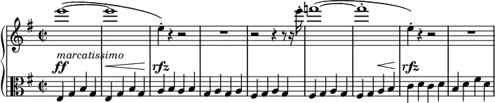 
\version "2.18.2"
\header {
  tagline = ##f
}
upper = \relative c'' {
  \clef treble 
  \key e \minor
  \time 2/2
  \set Score.tempoHideNote = ##t
  \tempo 2 = 152
  \set Staff.midiInstrument = #"piccolo"
   %%Chosta — Symphonie 8, thème Allegretto
    e'1~( e e,4-.) r4 r2 R1 r2 r4 r8 r16 e'16-. f1~( f-. e,4-.) r4 r2 R1
}
lower = \relative c {
  \clef alto
  \key e \minor
  \time 2/2
  \set Staff.midiInstrument = #"string ensemble 1"
   e4^\ff^\markup{\italic{marcatissimo}} g b g e^\< g b g\!
   a^\rfz b a b g a g a
   fis g a g fis g a g 
   fis g a^\< b\! c^\rfz d c d 
   b d fis d
}
\score {
  \new PianoStaff <<
    \new Staff = "upper" \upper
    \new Staff = "lower" \lower
  >>
  \layout {
    \context {
      \Score
    }
  }
  \midi { }
}
