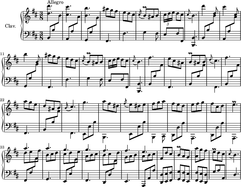 
\version "2.18.2"
\header {
  tagline = ##f
  % composer = "Domenico Scarlatti"
  % opus = "K. 409"
  % meter = "Allegro"
}
%% les petites notes
trillBq       = { \tag #'print { b8\prall } \tag #'midi { cis32 b cis b } }
appoCisB      = { \tag #'print { \appoggiatura cis8 b4. } \tag #'midi { cis4   \tempo 4. = 40 b8   \tempo 4. = 92 } }
appoCisD      = { \tag #'print { \appoggiatura cis8 b4. } \tag #'midi { cis4   \tempo 4. = 40 d8   \tempo 4. = 92 } }
trillEp       = { \tag #'print { e4.\prall } \tag #'midi { fis32 e fis e~ e4 } }
trillEq       = { \tag #'print { e8\prall } \tag #'midi { fis32 e fis e } }
upper = \relative c'' {
  \clef treble 
  \key b \minor
  \time 3/8
  \tempo 4. = 92
  \set Staff.midiInstrument = #"harpsichord"
  \override TupletBracket.bracket-visibility = ##f
      s8*0^\markup{Allegro}
      < d d' >4. | < cis cis' > | < b b' > | ais'8 g fis | e d cis | \acciaccatura cis8 \trillBq ais8 b | \times 2/3 { cis16 d e } d8[ cis] |
      % ms. 8
      \appoCisB | d'4 \stemUp d,8 |  \stemNeutral cis'4 \stemUp cis,8 |  \stemNeutral b'4 \stemUp b,8 |  \stemNeutral ais'8 g fis | e d cis | \acciaccatura cis8 \trillBq ais8 b | \omit TupletNumber \times 2/3 { cis16 d e } d8[ cis] |
      % ms. 16
      \appoCisB | fis'4. | e8 cis ais | \trillBq ais b | \appoggiatura d8 cis4. | fis4. | a8 g e | \stemUp d ais b | \stemNeutral
      % ms. 24
      \appoggiatura b16 \stemUp cis4. | \stemNeutral g'4. | a8 fis dis | \acciaccatura fis8 e8 dis e | fis g a | fis e d | e fis g | fis cis d |
      % ms. 32
      \trillEp | << { a4. a g g fis fis e } \\ { d8 e fis | b, cis d | cis d e | a, b cis | b cis d | g, a b | a b cis } >>
      % ms. 40
      fis,8 d' cis | \trillBq a8 g | < a a' > g' fis | \trillEq d8 cis | \appoCisD |
}
lower = \relative c' {
  \clef bass
  \key b \minor
  \time 3/8
  \set Staff.midiInstrument = #"harpsichord"
  \override TupletBracket.bracket-visibility = ##f
    % ************************************** 
      \repeat unfold 2 { \stemUp b,8 b' \stemDown \change Staff = "upper"  b' | \stemUp  \change Staff = "lower" a,, a' \stemDown \change Staff = "upper" a' | \stemUp  \change Staff = "lower" g,, g' \stemDown \change Staff = "upper"  g' | \stemNeutral  \change Staff = "lower" fis,,4. | fis' | g4 fis8 | e fis fis, | 
      % ms. 16
      < b, b' >4. } | \repeat unfold 4 { \stemUp b'8 b' \stemDown \change Staff = "upper" fis' | \stemNeutral  \change Staff = "lower" fis,,4. } | 
      % ms. 25
      e8 e' b' | b,,4. | e8 e' b' | b,,4 cis8 | \repeat unfold 2 { d d' a' | a,,4. } |
      % ms. 33
      \stemUp fis'8 fis' \stemDown \change Staff = "upper"  fis' | \stemNeutral  \change Staff = "lower" g,,4. | 
      \stemUp e8 e' \stemDown \change Staff = "upper"  e' | \stemNeutral  \change Staff = "lower" fis,,4. |
      \stemUp d8 d' \stemDown \change Staff = "upper"  d' | \stemNeutral  \change Staff = "lower" e,,4. |
      \stemUp a,8 a' a' |
      % ms. 40
      < d,, d' >8 < e e' > < fis fis' > | < g g' > < fis fis' > < e e' > | < fis fis' > < e e' > < d d' > | g' a a, | d4. 
}
thePianoStaff = \new PianoStaff <<
    \set PianoStaff.instrumentName = #"Clav."
    \new Staff = "upper" \upper
    \new Staff = "lower" \lower
  >>
\score {
  \keepWithTag #'print \thePianoStaff
  \layout {
      #(layout-set-staff-size 17)
    \context {
      \Score
     \override SpacingSpanner.common-shortest-duration = #(ly:make-moment 1/2)
      \remove "Metronome_mark_engraver"
    }
  }
}
\score {
  \keepWithTag #'midi \thePianoStaff
  \midi { }
}
