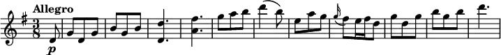 
  \relative c'' {
    \version "2.18.2"
    \key g \major
    \tempo "Allegro"
    \time 3/8
    \tempo 4 = 160
   \partial 2 d,8 \p  
   g d g b g b
   <d, d'>4.
   <a' fis'>4.
   g'8 a b
   d4 (b8)
   e,8 a g
  \grace g16 (fis8) e16 fis d8
  g d g b g b
  d4.
  }
