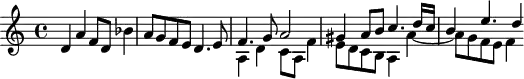 
\version "2.18.2"
\header {
  tagline = ##f
  % composer = "Johann Pachelbel"
  % opus = "Fugue sur le Magnificat ''primi toni'', P.257"
  % meter = ""
}
\score {
<<
  \relative c' {
   %  \clef bass
    \key c \major
    \time 4/4
    \override TupletBracket #'bracket-visibility = ##f 
     %s8*0^\markup{Aria}
     d4 a' f8 d bes'4 | a8 g f e d4. e8 |
     << { f4. g8 a2 | gis4 a8 b c4. d16 c | b4 e4. d4*1/2 } 
     \\ { a,4 d c8 a f'4 | e8 d c b a4 a'~ | a8 g f e f4 } >>
  }
>>
  \layout {
     #(layout-set-staff-size 17)
     \context { \Score \remove "Metronome_mark_engraver" 
     \override SpacingSpanner.common-shortest-duration = #(ly:make-moment 1/2)
     }
  }
}
