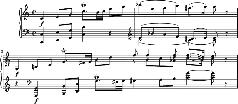 
\version "2.18.2"
\header {
  tagline = ##f
}
upper =  \relative c' {
         \clef "treble" 
         \tempo "Adagio"
         \key c \major
         \time 4/4 
         \tempo 4 = 50
        c4 \f  e8 g c8.\trill b32 c e8 g
        bes (e, f a) fis8.(g16) g8 r
        g,,4 \f b!8 d g8.\trill fis32 g b8 d
        <<{\stemDown g,8\rest b c aes d8. (b16) c8 } \\ { \stemUp f8 f4 <d f>8 f8. (dis16) e8}>> r8
}
lower = \relative c {      
         \clef "bass" 
         \key c \major
         \time 4/4 
      <c, c'>4 <e e'>8 <g g'> <c c'>4 r4 \clef "treble"
      <<{\stemDown c'2  _ (c4)  _(c8)} \\ {\stemUp e8 ^(bes' a f) dis8. ^(e16) e8  }>> r8 r4  \clef "bass"
      <g,,, g'>4 \f <b b'>8 <d d'> g'8. \trill fis32 g
      gis4 a8 b <c g'>4 ~ <c g'>8 r
} 
\score {
  \new PianoStaff <<  
    \new Staff = "upper" \upper
    \new Staff = "lower" \lower
  >>
  \layout {
    \context {
      \Score
      \remove "Metronome_mark_engraver"
    }
  }
  \midi { }
}
