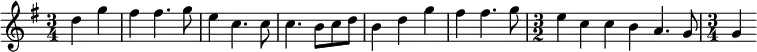 {\time 3/4
\key g \major
\partial 2 d''4 g'' fis'' fis''4. g''8 e''4 c''4. c''8 c''4. b'8 c'' d'' b'4 d'' g'' fis'' fis''4. g''8 
\time 3/2
e''4 c'' c'' b' a'4. g'8 
\time 3/4 
g'4
}