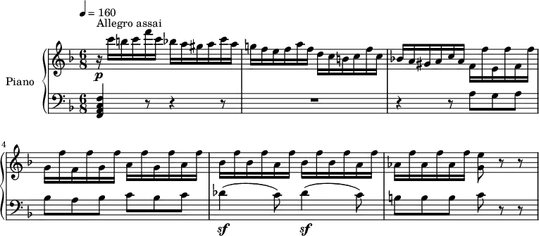 
\version "2.14.2"
\header {
  tagline = ##f
}
upper= \relative c' {
  \clef treble
  \key f \major
  \time 6/8
  \tempo 4 = 160
  \set Staff.midiInstrument = #"piano"
    r16\p^\markup { Allegro assai} c''16 b c f c bes a gis a c a
    g! f e f a f   d c b c f c
    bes! a gis a c a    f f' e, f' f, f'
    g, f' f, f' g, f'    a, f' g, f' a, f'
    bes, f' bes, f' a, f'   bes, f' bes, f' a, f'
   aes, f' aes, f' aes, f'  <g, e'>8 r8 r8
  }
lower=\relative c {
    \clef bass
    \key f \major
    \numericTimeSignature
    \time 6/8
    <f, a c f>4 r8 r4 r8
   R2.
   r4 r8 a'8 g a
   bes a bes c bes c
   des4\sf (c8) des4\sf (c8)
   b8 b b c r8 r8
  }
\score {
       \new PianoStaff \with { instrumentName = #"Piano" }
       <<
         \new Staff = "upper" \upper
         \new Staff = "lower" \lower
       >>
\layout { }
\midi { } }
