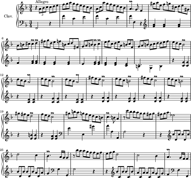 
\version "2.18.2"
\header {
  tagline = ##f
  % composer = "Domenico Scarlatti"
  % opus = "K. 167"
  % meter = "Allegro"
}
%% les petites notes
trillCb      = { \tag #'print { c2\prall } \tag #'midi { d32 c d c~ c4. } }
trillBb      = { \tag #'print { b2\prall } \tag #'midi { c32 b c b~ b4. } }
trillBesb    = { \tag #'print { bes2\prall } \tag #'midi { c32 bes c bes~ bes4. } }
trillAb      = { \tag #'print { a2\prall } \tag #'midi { bes32 a bes a~ a4. } }
trillDb      = { \tag #'print { d2\prall } \tag #'midi { e32 d e d~ d4. } }
trillCis     = { \tag #'print { cis4\prall } \tag #'midi { d32 cis d cis~ cis8 } }
trillD       = { \tag #'print { d4\prall } \tag #'midi { e32 d e d~ d8 } }
trillAp      = { \tag #'print { a4.\prall } \tag #'midi { bes32 a bes a~ a4 } }
trillB       = { \tag #'print { b4\prall } \tag #'midi { c32 b c b~ b8 } }
trillC       = { \tag #'print { c4\prall } \tag #'midi { d32 c d c~ c8 } }
trillBesp    = { \tag #'print { bes4.\prall } \tag #'midi { c32 bes c bes~ bes4 } }
trillAp      = { \tag #'print { a4.\prall } \tag #'midi { bes32 a bes a~ a4 } }
trillCp      = { \tag #'print { c4.\prall } \tag #'midi { d32 c d c~ c4 } }
upper = \relative c'' {
  \clef treble 
  \key f \major
  \time 3/4
  \tempo 4 = 112
      s8*0^\markup{Allegro}
      r4 \times 2/3 { a8 bes c }  \omit TupletNumber \times 2/3 { c8 d e } | \times 2/3 { f8 g a g[ f e] d c bes } |
      \times 2/3 { a8 c a' g[ f e] d c bes } | \trillAp g8 f4 |
      % ms. 5
      \times 2/3 { gis'8 a e f[ g cis,] d e gis, } | \times 2/3 { a8 b cis } \trillCis \trillD | \times 2/3 { fis8 g d e[ f b,] c d fis, } 
      \times 2/3 { g8 a b } \trillB \trillC | \times 2/3 { e8 f c d[ e a,] b c f, } | 
      % ms. 10
      \times 2/3 { g8 a b b[ c d] d e f } | \repeat unfold 2 { \times 2/3 { e8 d c } \trillBesb | \times 2/3 { d8 c bes } \trillAb } |
      % ms. 15
      \repeat unfold 2 { \times 2/3 { fis'8 e d } \trillCb | \times 2/3 { e d c } \trillBb } | \times 2/3 { gis'8 fis e } \trillDb |
      % ms. 20
      \times 2/3 { f8 e d } \trillCb  | \times 2/3 { gis'8 b a g[ f e] d c b } | \trillCp b8 a4 | \times 2/3 { r8 c'8 bes bes[ a g] g fis g } | \times 2/3 { fis8 g a } ees2 |
      % ms. 25
      d2 c4 | \trillBesp a16 g g4 | \times 2/3 { r8 bes'8 a a[ g f] f e f } | \times 2/3 { e8 f g } d2 | c2 bes4 |
      % ms. 30
      \trillAp g16 f f4 |
}
lower = \relative c' {
  \clef bass
  \key f \major
  \time 3/4
    % ************************************** \appoggiatura a16  \repeat unfold 2 {  } \times 2/3 { }   \omit TupletNumber 
      f,,2 r4 | \repeat unfold 2 { f''4 c e } | f f,  r4   \clef treble  |
      % ms. 5
      < f' a >4 q q | f < f a > q | < e g > q q | e < e g > q | < d f > q < c e > |
      % ms. 10
      << { d2. } \\ { b4 g b } >> | \repeat unfold 2 { r4 < c g' >4 q | r4 < c f >4 q } | 
      % ms. 15
      \repeat unfold 2 { r4 < d a' >4 q | r4 < d g >4 q } | r4 < e b' >4 q |
      % ms. 20
      r4 < e a >4 q   \clef bass | e4 e, gis' | a a, a, | a'2 r4 | r4 \clef treble \omit TupletNumber  \repeat unfold 2 { \times 2/3 { c'8[ d, c'] }  }
      % ms. 25
      \repeat unfold 2 { \times 2/3 { bes8[ d, bes'] }  } \times 2/3 { a8[ d, a'] } | g4  \clef bass g, g, | g'2 r4 | 
      r4 \clef treble \repeat unfold 2 { \times 2/3 { bes'8[ c, bes'] }  } | \repeat unfold 2 { \times 2/3 { a8[ c, a'] } } \times 2/3 { g8[ c, g'] }
      % ms. 30
      f4 \clef bass f, f, % \clef treble | 
}
thePianoStaff = \new PianoStaff <<
    \set PianoStaff.instrumentName = #"Clav."
    \new Staff = "upper" \upper
    \new Staff = "lower" \lower
  >>
\score {
  \keepWithTag #'print \thePianoStaff
  \layout {
      #(layout-set-staff-size 17)
    \context {
      \Score
     \override TupletBracket.bracket-visibility = ##f
     \override SpacingSpanner.common-shortest-duration = #(ly:make-moment 1/2)
      \remove "Metronome_mark_engraver"
    }
  }
}
\score {
  \keepWithTag #'midi \thePianoStaff
  \midi { \set Staff.midiInstrument = #"harpsichord" }
}
