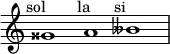 
    \relative c'' {
      \time 3/1
      \override Staff.TimeSignature #'stencil = ##f
      gisis1^\markup { \center-align "sol 𝄪" }
      a^\markup { \center-align "la" }
      beses^\markup { \center-align "si 𝄫" }
    }
  