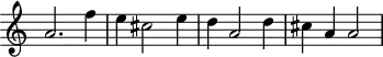 
\header {
  tagline = ##f
}
\score {
  \new Staff \with {
     \remove "Time_signature_engraver"
  }
<<
  \relative c'' {
    \key c \major
    %\clef bass
    \time 2/2
    \override TupletBracket #'bracket-visibility = ##f 
     %%% f° 95v-96
     a2.  f'4 e cis2 e4 d a2 d4  cis a a2
  }
>>
  \layout {
     \context { \Score \remove "Metronome_mark_engraver" }
  }
  \midi {}
}
