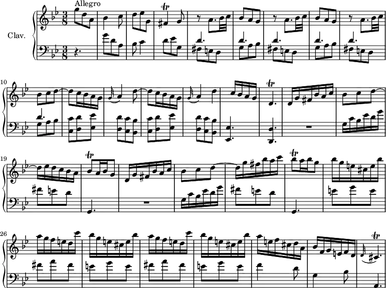 
\version "2.18.2"
\header {
  tagline = ##f
  % composer = "Domenico Scarlatti"
  % opus = "K. 102"
  % meter = "Allegro"
}
%% les petites notes
trillFis     = { \tag #'print { fis4\trill } \tag #'midi { g32 fis g fis~ fis8 } }
trillDp      = { \tag #'print { d4.\trill } \tag #'midi { e32 d e d~ d4 } }
trillBesq    = { \tag #'print { bes8\trill } \tag #'midi { c32 bes c bes } }
trillDpAppo  = { \tag #'print { \appoggiatura d32 cis4.\trill } \tag #'midi { e32 d e d e d e d } }
upper = \relative c'' {
  \clef treble 
  \key g \minor
  \time 3/8
  \tempo 4. = 76
  \set Staff.midiInstrument = #"harpsichord"
  \override TupletBracket.bracket-visibility = ##f
      s8*0^\markup{Allegro}
      g'8 d a | bes4 c8 | d8 ees g, | \trillFis g8 | \repeat unfold 2 { r8 a8. bes32 c |
      % ms. 6
      bes8 a g } | r8 a8. bes32 c | bes8 c \repeat unfold 2 { d~ | d c16 bes a g |
      % ms. 12
      \appoggiatura g32 a4 } | d c16 bes a g | \trillDp | d16 g fis bes a c |
      % ms. 18
      bes8 c d~ | d16 ees d c bes a | \trillBesq a16 bes g8 | d16 g fis bes a c | bes8 c d~ |
      % ms. 23
      d16 g fis bes a c | \trillBesq a16 bes g8 |  bes16 g e cis e bes' | \repeat unfold 2 { a16 g f e d c' | bes16 g e cis e bes' } |
      % ms. 30
      a16 e f cis d a | bes f g e f d |  \trillDpAppo
}
lower = \relative c' {
  \clef bass
  \key g \minor
  \time 3/8
  \set Staff.midiInstrument = #"harpsichord"
  \override TupletBracket.bracket-visibility = ##f
    % ************************************** \appoggiatura a8  \repeat unfold 2 {  } \times 2/3 { }   \omit TupletNumber 
      r4. | g'8 d a | bes8 c4 | d8 ees g, | \repeat unfold 3 { << { d'4. d } \\ { fis,8 e d | g a bes } >> }
      % ms. 11
      \repeat unfold 2 { < c, c' >8 < d d' > < ees ees' > | < d d' > < c c' > < bes bes' > } | < ees, ees' >4. | < d d' >4. | \repeat unfold 2 { R4. |
      % ms. 18
      g'16 c bes ees d g | fis8 e d | g,,4. } |
      % ms. 25
      \repeat unfold 2 { e''8 g e | fis a fis } | e8 g e |
      % ms. 30
      f4 d8 | g,4 bes8 | a,4. 
}
thePianoStaff = \new PianoStaff <<
    \set PianoStaff.instrumentName = #"Clav."
    \new Staff = "upper" \upper
    \new Staff = "lower" \lower
  >>
\score {
  \keepWithTag #'print \thePianoStaff
  \layout {
      #(layout-set-staff-size 17)
    \context {
      \Score
     \override SpacingSpanner.common-shortest-duration = #(ly:make-moment 1/2)
      \remove "Metronome_mark_engraver"
    }
  }
}
\score {
  \keepWithTag #'midi \thePianoStaff
  \midi { }
}
