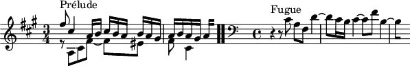 
\version "2.18.2"
\header {
  tagline = ##f
}
\score {
  \new Staff \with {
  }
<<
  \relative c' {
    \key fis \minor
    \time 3/4
     %% INCIPIT CBT II-14, BWV 883, fa-dièse mineur
     << { s8*0^\markup{Prélude} fis'8 cis4 a16 b \tuplet 3/2 { cis16[ b a] } \tuplet 3/2 { b a gis } | a16 b a gis 
{ 
 % suppression des warnings :
 #(ly:set-option 'warning-as-error #f)
 #(ly:expect-warning (_ "stem does not fit in beam")) %% <= à traduire éventuellement
 #(ly:expect-warning (_ "beam was started here")) %% <= à traduire éventuellement
  \set stemRightBeamCount = #2
  a4*1/4[ s]
}
 } \\ { r8 a,8 cis fis~ fis[ eis] | \once \override Staff.TimeSignature #'stencil = ##f \time 5/8 fis cis4 } >>  \bar ".." 
     \skip 8*1
      %\once \override Staff.Clef.full-size-change = ##t
     \relative c 
     \override Staff.Clef.extra-offset = #'( -1 . 0 )
     \clef bass
     \time 4/4 \relative c \partial 1
     r4^\markup{Fugue} r8 cis8 a fis d'4~ d8 cis16 b cis4~ cis8 fis b,4~ 
{ 
 % suppression des warnings :
 #(ly:set-option 'warning-as-error #f)
 #(ly:expect-warning (_ "stem does not fit in beam")) %% <= à traduire éventuellement
 #(ly:expect-warning (_ "beam was started here")) %% <= à traduire éventuellement
  \set stemRightBeamCount = #1
  b4*1/2[ s]
} 
  }
>>
  \layout {
     \context { \Score \remove "Metronome_mark_engraver" 
     \omit TupletNumber
     \override SpacingSpanner.common-shortest-duration = #(ly:make-moment 1/2) 
       }
  }
  \midi {}
}
