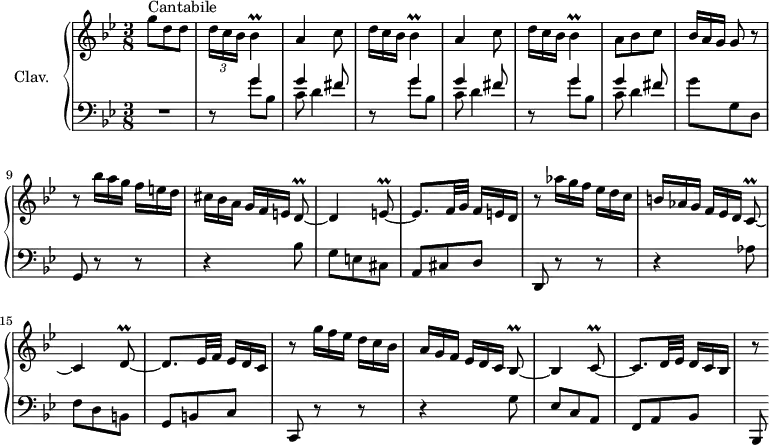 
\version "2.18.2"
\header {
  tagline = ##f
  % composer = "Domenico Scarlatti"
  % opus = "K. 546"
  % meter = "Cantabile"
}
%% les petites notes
trillBes     = { \tag #'print { bes4\prall } \tag #'midi { c32 bes c bes~ bes8 } }
trillDq      = { \tag #'print { d8\prall~ } \tag #'midi { e32 d e d~ } }
trillEq      = { \tag #'print { e8\prall~ } \tag #'midi { f32 e f e~ } }
trillCq      = { \tag #'print { c8\prall~ } \tag #'midi { d32 c d c~ } }
trillBesq    = { \tag #'print { bes8\prall~ } \tag #'midi { c32 bes c bes~ } }
upper = \relative c'' {
  \clef treble 
  \key g \minor
  \time 3/8
  \tempo 4. = 48
  \set Staff.midiInstrument = #"harpsichord"
  \override TupletBracket.bracket-visibility = ##f
      s8*0^\markup{Cantabile}
      g'8 d d | \repeat unfold 2 { \times 2/3 { d16 c bes } \trillBes | a4 c8  \omit TupletNumber } |  
      % ms. 6
      \times 2/3 { d16 c bes } \trillBes | a8 bes c | \times 2/3 { bes16[ a g] } g8 r8 | r8 \times 2/3 { bes'16 a g } \times 2/3 { f16[ e d] } | \times 2/3 { cis16 bes a } \times 2/3 { g16[ f e] } \trillDq
      % ms. 11
      d4 \trillEq | e8. f32 g \times 2/3 { f16[ e d] } | r8 \times 2/3 { aes''16 g f } \times 2/3 { ees16[ d c] } | \times 2/3 { b16 aes g } \times 2/3 { f16[ ees d] } \trillCq | c4 \trillDq |
      % ms. 16
      d8. ees32 f \times 2/3 { ees16[ d c] } | r8 \times 2/3 { g''16 f ees } \times 2/3 { d16[ c bes] } | \times 2/3 { a16 g f } \times 2/3 { ees16[ d c] } \trillBesq | bes4 \trillCq | c8. d32 ees \times 2/3 { d16[ c bes] } |
      % ms. 21
      r8
}
lower = \relative c' {
  \clef bass
  \key g \minor
  \time 3/8
  \set Staff.midiInstrument = #"harpsichord"
  \override TupletBracket.bracket-visibility = ##f
    % ************************************** \appoggiatura \repeat unfold 2 {  } \times 2/3 { }
      R4. | \repeat unfold 3 { << { s8 g'4 g fis8 } \\ { d,8\rest g'8 bes, | c8 d4 } >> }
      % ms. 8
      g8 g, d | g, r8 r8 | r4 bes'8 |
      % ms. 11
      g8 e cis | a cis d | d, r8 r8  | r4 aes''8 | f d b |
      % ms. 16
      g8 b c | c, r8 r8 | r4 g''8 | ees c a | f a bes |
      % ms. 21
      bes,8  
}
thePianoStaff = \new PianoStaff <<
    \set PianoStaff.instrumentName = #"Clav."
    \new Staff = "upper" \upper
    \new Staff = "lower" \lower
  >>
\score {
  \keepWithTag #'print \thePianoStaff
  \layout {
      #(layout-set-staff-size 17)
    \context {
      \Score
     \override SpacingSpanner.common-shortest-duration = #(ly:make-moment 1/2)
      \remove "Metronome_mark_engraver"
    }
  }
}
\score {
  \keepWithTag #'midi \thePianoStaff
  \midi { }
}
