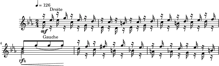 
\version "2.18.2"
\header {
  tagline = ##f
}
\score {
<<
  \relative c'' {
    \key c \minor
    \time 2/4
    \tempo 4 = 126
    \autoBeamOff
    \override TupletBracket.bracket-visibility = ##f
   %%Montgeroult — Étude 35 (pdf p. 97)
           <<
                 \new Voice                                
                 \relative c''
                 {       \voiceOne 
                         r16 ees16^\markup{Droite} r16 g r16 ees r16 d r16 c r16 b! r16 c r16 d r16 ees r16 d r16 ees r16 f
                         d8[\< g_( g g)]\!
                         r16 f  r16 fis r16 g r16 ees r16 f r16 d r16 ees r16 b!
                 }
                 \new Voice              
                 \relative c''
                 {      \voiceTwo          
                        c16_\markup{Gauche}\mf r16 ees r16 c r16 g r16 ees r16 d r16 ees r16 g r16 c r16 b! r16 c r16 d r16 
                        < bes g >2\rfz
                        d16 r16 c r16 b! r16 bes r16 a r16  aes r16  g r16 f r16 
                 }
          >>
  }
>>
  \layout {
    \context {
      %\remove "Metronome_mark_engraver"
    }
  }
  \midi {}
}
