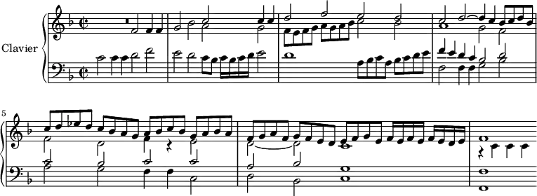 
\version "2.18.2"
\header {
  tagline = ##f
}
upper = \relative c' {
  \clef treble 
  \key f \major
  \time 4/2
  \set Staff.timeSignatureFraction = 2/2
  \tempo 2 = 80
  \tempo "Andante mosso"
    \set Staff.midiInstrument = #"church organ"
   %%% Canzona ariosa
   R1 f2 f4 f g2 bes
   << { c2 c4 c d2 f e d c d~ d4 c bes8 c d bes c d ees d c bes a g | a bes c bes g a bes a | f g a f g f e d  | e f g e f16 e f e f e d e | f1 } \\ { a2 g f8 e f g a g a bes c2 bes a1 g2 f f d f4 r4 e2 d~ d c1 r4 c4 c c } >>
}
lower = \relative c' {
  \clef bass
  \key f \major
  \time 4/2
  \set Staff.timeSignatureFraction = 2/2
    \set Staff.midiInstrument = #"church organ"
  c2 c4 c d2 f e d c8 bes c16 bes c d e2 d1
  a8 bes c a bes c d e 
  << { f4 e d c bes2 d c bes c c a bes g1 f1 } \\ { f2 f4 f g2 bes a g f4 f c2 d bes c1 f,1~ } >> 
} 
\score {
  \new PianoStaff <<
    \set PianoStaff.instrumentName = #"Clavier"
    \new Staff = "upper" \upper
    \new Staff = "lower" \lower
  >>
  \layout {
    \context {
      \Score
      \remove "Metronome_mark_engraver"
      \override SpacingSpanner.common-shortest-duration = #(ly:make-moment 1/2)
    }
  }
  \midi { }
}
