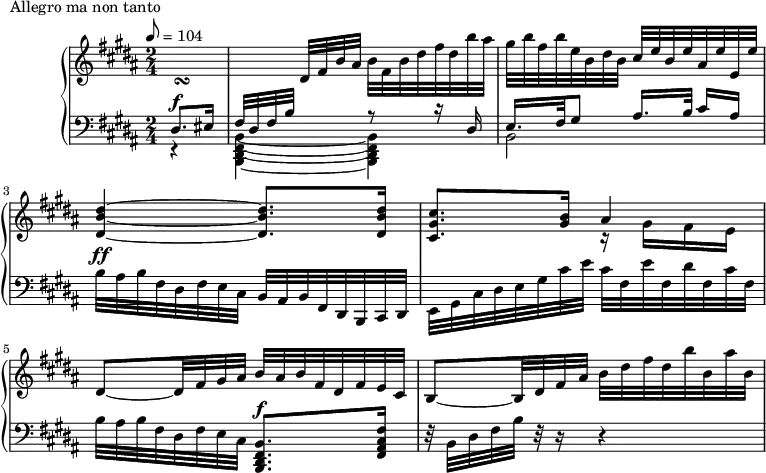 
\version "2.18.2"
\header {
  tagline = ##f
}
upper = \relative c'' {
  \clef treble 
  \key b \major
  \time 2/4
  \tempo 8 = 104
  %\autoBeamOff
   %%Montgeroult — Étude 67 (pdf p. 218)
   \partial 4 << { \change Staff = "lower" dis,,8.^\f eis16 fis32 dis fis b } \\ { s16 s32_\turn } >> 
   \change Staff = "upper" dis32 fis b ais b fis b dis fis dis b' ais
   gis32 b fis b e, b dis b cis e b e ais, e' e, e' 
   < dis b dis, >4~ q8. q16 
   < cis gis cis, >8. < b gis >16 << { ais4 } \\ { r16 gis16 fis e } >>
   dis8~ dis32 fis gis ais b ais b fis dis fis e cis
   b8~ b32 dis fis ais b dis fis dis b' b, ais' b, 
}
lower = \relative c {
  \clef bass
  \key b \major
  \time 2/4
   r4 << { s4 r8 r16 dis16 } \\ { < b fis dis b >4~ q } >>
   << { e16. fis32 gis8 ais16. b32 cis16[ ais] } \\ { b,2 } >>
   b'32^\ff ais b fis dis fis e cis b ais b fis dis b cis dis 
   e32 gis cis dis e gis cis e cis fis, e' fis, dis' fis, cis' fis, 
   b32 ais b fis dis fis e cis < b fis dis b >8.^\f < fis' cis ais fis >16
   r32 b,32 dis fis b r32 r16 r4
}
  \header {
    piece = "Allegro ma non tanto"
  }
\score {
  \new PianoStaff <<
    \new Staff = "upper" \upper
    \new Staff = "lower" \lower
  >>
  \layout {
    \override TupletBracket.bracket-visibility = ##f
    \context {
      \Score
      %\remove "Metronome_mark_engraver"
    }
  }
  \midi { }
}
