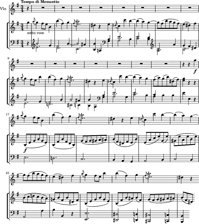 
\new GrandStaff <<
    \new StaffGroup <<
      \new Staff {
        \version "2.18.2"
         \tempo  "Tempo di Menuetto"
        \clef treble
        \key g \major
       \time 3/4
       \tempo 4 = 120
     \relative c'' {
                \partial4 g'4_ \markup {sotto voce}
                  \grace a8 (g4) fis8 e b4
                  b' (fis) g
                  \grace fis8 (e2.) \trill
                  dis4 r4 e
                   \grace d!16 (c4) c' b~
                   b (a) g~
                   g8 fis (b a g fis)
                   e4 (dis) fis
                   \grace a8 (g4) fis8 e b'4
                   b (fis) g
                   \grace fis8 (e2.) \trill
                  dis4 r4 e
                  \grace d!16 (c4) c' b~
                   b (a) g
                   fis8 (a) g (b) dis, (fis)
                   < g e>4 r4 r
                   b,,8\f (e g b g e)
                   b (fis' b fis d b)
                   g' (fis g gis a ais)
                   b (fis dis fis e b')
                   e, (a c e) g, (e')
                   gis, (e' a, e' b e)
                   b (c d! c b a)
                   g! (b fis b dis, fis)
                   b, (e g b g e)
                   b (fis' b ais) b (fis)
                   g (fis g gis a ais)
                   b [(fis dis)]
            }
      }
      \new Staff {
                 \clef bass
                  \key g \major
                  \time 3/4
      \relative c'' {
            \partial4 r4
            \clef treble <<{\stemDown e,2. d2. c2. \stemUp b4} \\ {\stemUp b'2 g4 fis2 b4 ~ b2 ais4 b4 }>> a,!4
            \clef bass  <<{\stemDown g a2 b4 c2 b4 } \\ {\stemUp b e2. e2 d4}>>
            \clef treble <<{\stemDown a2. b2 s4 e2. d!2. cis2 c4 b a} \\ {\stemUp c2 a'4 g (fis) dis b'2 g4 fis2 b4 b2 ais4 b s }>>
            \clef bass  <<{\stemDown g, a2 g4 c2 b4 a} \\ {\stemUp b4 e2. e2. c4} >> b b e e, r
            e2. d! c b4 a g a2 b4
            c2 b4
            a2 a'4
            b b, r4
            <e, e'>2.
            < dis dis'>2 <d! d'!>4
            <cis cis'> 2 <c c'>4
            <b b'>
             }
      }
>>
    \new Staff { \set Staff.instrumentName = "Vln"
           \relative c'' {
              \key g \major
              \time 3/4
            \partial4 r4 s4  \repeat unfold 11 {R1}
            r4 r g' \f
            \grace a8 (g4) fis8 e b4
                  b' (fis) g
                  \grace fis8 (e2.) \trill
                  dis4 r4 e
                   \grace d!16 (c4) c' b~
                   b (a) g~
                   g8 fis (b a g fis)
                   e4 (dis) fis
                   \grace a8 (g4) fis8 e b'4
                   b (fis) g
                   \grace fis8 (e2.) \trill
                   dis4 r
                 }
           }
>>
