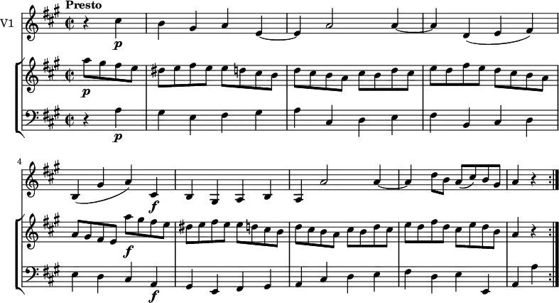 
\new GrandStaff <<
    \new StaffGroup <<
      \new Staff {
        \version "2.18.2"
        \tempo  "Presto"
        \clef treble
        \key a \major
        \time 2/2
        \tempo 4 = 160       
     \relative c'' {
                  \partial 2 a'8 \p gis fis e
                  dis e fis e e d cis b
                  d cis b a cis b d cis
                  e d fis e d cis b a
                  a gis fis e a' \f gis fis e
                  dis e fis e e d cis b
                  d cis b a cis b d cis
                  e d fis d cis e d b
                  a4 r \bar ":|."
            }
      }
      \new Staff {
                 \clef bass 
                 \key a \major
                 \time 2/2            
      \relative c' {
             \partial 2  r4 a\p
             gis e fis gis 
             a cis, d e 
             fis  b, cis d
             e d cis a\f
             gis e fis gis
             a cis d e
             fis d e e,
             a a' \bar ":|."
             }
      }
>>
    \new Staff { \set Staff.instrumentName = "V1"
           \relative c'' {
              \key a \major
              \time 2/2
            \partial 2  r4 cis \p b gis a e ~ e a2 a4 ~ a d, (e fis) b, (gis' a) cis, \f
            b gis a b a a'2 a4 ~ a d8 b a (cis) b gis a4 r \bar ":|."
            } 
      }
  >>
