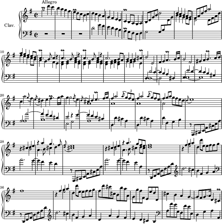 
\version "2.18.2"
\header {
  tagline = ##f
  % composer = "Domenico Scarlatti"
  % opus = "K. 522"
  % meter = "Allegro"
}
%% les petites notes
trillgbUp     = { \tag #'print { g'2\prall } \tag #'midi { a32 g a g~ g4. } }
trillE        = { \tag #'print { e4\prall } \tag #'midi { fis32 e fis e~ e8 } }
trillC        = { \tag #'print { c4\prall } \tag #'midi { d32 c d c~ c8 } }
trillA        = { \tag #'print { a4\prall } \tag #'midi { b32 a b a~ a8 } }
trillCp       = { \tag #'print { c4.\prall } \tag #'midi { d32 c d c~ c4 } }
trillAp       = { \tag #'print { a4.\prall } \tag #'midi { b32 a b a~ a4 } }
trillBp       = { \tag #'print { b4.\prall } \tag #'midi { c32 b c b~ b4 } }
trillCis      = { \tag #'print { cis4\prall } \tag #'midi { d32 cis d cis~ cis8 } }
trillEp       = { \tag #'print { e4.\prall } \tag #'midi { fis32 e fis e~ e4 } }
trillFisp     = { \tag #'print { fis4.\prall } \tag #'midi { g32 fis g fis~ fis4 } }
upper = \relative c'' {
  \clef treble 
  \key g \major
  \time 2/2
  \tempo 2 = 72
      s8*0^\markup{Allegro}
      \trillgbUp d'4 c b a g fis | \trillE d8 c b4 c | d c b a | g fis e d |
      % ms. 6
      \trillC b8 a g4 a | b8 d g b d2 |	\stemUp d4 c b a8 g | fis a d fis a2 | a4 g fis e8 d |
      % ms. 11
      \repeat unfold 3 { \trillCp b8 c4 r4 } | c2. b8 a | b4 a b \trillCis |
      % ms. 16
      d2 e, | fis4 g \trillAp b16 c | b2 fis | gis4 a \trillBp c16 d \stemNeutral | c4 a'2 \appoggiatura g8 fis4 |
      % ms. 21
      \acciaccatura e8 dis4 e \trillFisp g16 a | g4 g2 \acciaccatura fis8 e4 | 
      << { \acciaccatura d8 \stemUp cis4 d \trillEp fis16 g | \repeat unfold 2 { fis4 a2 \acciaccatura a8 \times 2/3 { g8 fis e } \omit TupletNumber } } 
       \\ { a,1 a a } >>
      % ms. 26
      << { fis'4 g8 a } \\ { a,2 } >> g'8 fis e d | \appoggiatura d8 e1 | r4 
      << { cis4 d e r4 a4 g4. fis8 } 
       \\ { s4 b,2 | a4. b8 cis4 d } >>
      % ms. 30
      \appoggiatura < d fis >8 < cis e >1 |
      r4 << { cis4 d e r4 a4. g8 fis e } 
       \\ { s4 b2 | a4. b8 cis4 d8 cis } >> | < d fis >1
      % ms. 34
      r4 << { fis4 g a } \\ { s4 e2 } >> | d4 d'8 e, e fis fis g | fis1 | r4 << { fis4 g a } \\ { s4 e2 } >> | d4 d'8 e, e fis fis g |
      % ms. 39
      fis8 d' cis cis, b b' a a, | g g' fis fis, e e' d d, | cis'4 b a g~ | g8 fis g8. a16 d,4 \trillCis 
}
lower = \relative c' {
  \clef bass
  \key g \major
  \time 2/2
    % ************************************** \appoggiatura a16  \repeat unfold 2 {  } \times 2/3 { }   \omit TupletNumber 
      R1*3 | d2 g4 fis | e d c b |
      % ms. 6
      \trillA g8 fis e4 fis | g2 g8 b \stemDown \change Staff = "upper"  d g |  b4 a g fis8 e | d2 d8 fis a d | fis4 e d c8 b |
      % ms. 11
      a4 g fis e | \repeat unfold 2 { < d fis > < e g > < fis a > < e g > } | < d fis > < e g > < fis a > < d fis > | g fis g e \stemNeutral \change Staff = "lower" |
      % ms. 16
      << { d,4 d'2 c4 ~ | c b a dis, | e4 e'2 d4~ | d c b gis | a2 a'2~ | a4 g fis dis } 
       \\ { d,1~ | d2 s2 | e1~ | e | a1 | b } >>
      % ms. 22
      << { e2 r4 g4~ | g fis e cis } \\ { e,2 g | a1 } >> | \repeat unfold 2 { d,4 d' cis a } 
      % ms. 26
      d4 fis, g b | r8 a,,8 cis e a cis e a | a'2. g4~ | g fis e d  |
      % ms. 30
      r8 a,,8 cis e a cis e a | a'2. g4~ | g fis e a, | \repeat unfold 2 {   \clef bass r8 d,,8 fis a d fis a d   \clef treble  | 
      % ms. 34
      d'2. cis4 | b fis g a } | 
      % ms. 39
      d,4 a' g fis | e d cis b     \clef bass  | a8 a' g g, fis fis' e e, | d4 g a a, |
}
thePianoStaff = \new PianoStaff <<
    \set PianoStaff.instrumentName = #"Clav."
    \new Staff = "upper" \upper
    \new Staff = "lower" \lower
  >>
\score {
  \keepWithTag #'print \thePianoStaff
  \layout {
      #(layout-set-staff-size 17)
    \context {
      \Score
     \override TupletBracket.bracket-visibility = ##f
     \override SpacingSpanner.common-shortest-duration = #(ly:make-moment 1/2)
      \remove "Metronome_mark_engraver"
    }
  }
}
\score {
  \keepWithTag #'midi \thePianoStaff
  \midi { \set Staff.midiInstrument = #"harpsichord" }
}
