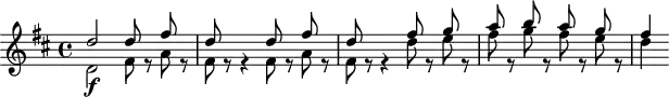 
\header {
  tagline = ##f
}
\score {
  \new Staff \with {
  }
<<
  \relative c'' {
    \key d \major
    \time 4/4
    \override TupletBracket #'bracket-visibility = ##f 
    \autoBeamOff
     %%%%%%%%%%% K 73n/95 - remonter les silences
     << { d2 d8 s8 fis8 s8 d8 s8 s4 d8 s8 fis8 s8 d8 s8 s4 fis8 s8 g8 s8 a8 s8 b8 s8 a8 s8 g8 s8 fis4 } \\ { d,2\f fis8 r8 a8 r8 fis8 r8 r4 fis8 r8 a8 r8 fis8 r8 r4 d'8 r8 e8 r8 fis8 r8 g8 r8 fis8 r8 e8 r8 d4 } >>
  }
>>
  \layout {
    \context {
      \remove "Metronome_mark_engraver"
    }
  }
  \midi {}
}
