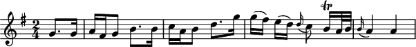 
\header {
  tagline = ##f
}
\score {
  \new Staff \with {
  }
<<
  \relative c'' {
    \key g \major
    \time 2/4
    \override TupletBracket #'bracket-visibility = ##f 
    \autoBeamOff
     %%%%%%%%%%%%%%%%%%%%%%%%%% K24
     \partial 4 g8.[ g16] a[ fis g8] b8.[ b16] c[ a b8] d8.[ g16] g[( fis)] e[( d)] \grace d16( c8) b16\trill[ a32 b] \grace b16( a4) a
  }
>>
  \layout {
    \context {
      \remove "Metronome_mark_engraver"
    }
  }
  \midi {}
}
