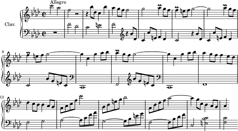 
\version "2.18.2"
\header {
  tagline = ##f
  % composer = "Domenico Scarlatti"
  % opus = "K. 364"
  % meter = "Allegro"
}
%% les petites notes
trillAes     = { \tag #'print { aes4\prall } \tag #'midi { bes32 aes bes aes~ aes8 } }
trillF       = { \tag #'print { f4\prall } \tag #'midi { g32 f g f~ f8 } }
upper = \relative c'' {
  \clef treble 
  \key f \minor
  \time 2/2
  \tempo 2 = 84
  \set Staff.midiInstrument = #"harpsichord"
  \override TupletBracket.bracket-visibility = ##f
      s8*0^\markup{Allegro}
      c'2 aes | f r2 | r4 bes8 des, c4 bes'4 | aes g8 f f2 |
      % ms. 5
      \repeat unfold 2 { g2 \trillAes g8 f | \trillF e8 f g2~ } |
      % ms. 9
      g4 c, g' aes8 bes | \trillAes g8 f g2~ | g4 c, g' aes8 bes | aes4 g8 f f4 ees8 des |
      % ms. 13
      des4 c8 bes bes4 aes8 g | f aes c f c'2 | g,8 bes e g bes2 | f,8 bes des f aes2~ |
      % ms. 17
      aes4 g8 c, bes4 aes8 g | aes4
      % ms. 21
      % ms. 25
}
lower = \relative c' {
  \clef bass
  \key f \minor
  \time 2/2
  \set Staff.midiInstrument = #"harpsichord"
  \override TupletBracket.bracket-visibility = ##f
    % ************************************** \appoggiatura a16  \repeat unfold 2 {  } \times 2/3 { }   \omit TupletNumber 
      R1 | f2 des | c e | f  \repeat unfold 2 { \clef treble r4 bes8 des, |
      % ms. 5
      c4 c'8 e, f4 des | c2 } bes'8 g e c |   \clef bass
      % ms. 9
      c,,1 | f2  \clef treble  bes''8 g e c |   \clef bass c,,1 | f
      % ms. 13
      f'2 g | aes2~ aes8 c f aes | g,2~ g8 bes e g | f,2~ f8 bes des f |
      % ms. 17
      c,2 < e bes' c >2 | < f c' >
      % ms. 21
      % ms. 25
}
thePianoStaff = \new PianoStaff <<
    \set PianoStaff.instrumentName = #"Clav."
    \new Staff = "upper" \upper
    \new Staff = "lower" \lower
  >>
\score {
  \keepWithTag #'print \thePianoStaff
  \layout {
      #(layout-set-staff-size 17)
    \context {
      \Score
     \override SpacingSpanner.common-shortest-duration = #(ly:make-moment 1/2)
      \remove "Metronome_mark_engraver"
    }
  }
}
\score {
  \keepWithTag #'midi \thePianoStaff
  \midi { }
}
