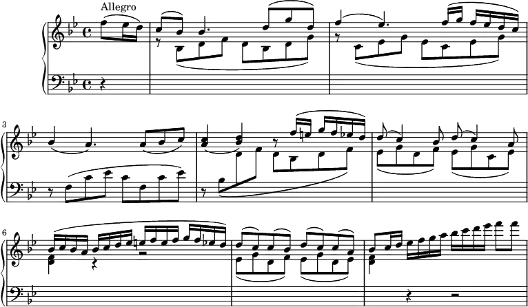 
\version "2.18.2"
\header {
  tagline = ##f
}
upper = \relative c' {
         \clef "treble"
         \tempo "Allegro"
         \key bes \major
         \time 4/4
         \tempo 4 = 130
      \partial 4 f'8 ^\markup {Allegro} (ees16 d)
      \stemUp c8 ^ (bes) bes4. d8 ^ (g d)
      f4 ^( ees4.) f16 ^(g f ees d c)
      bes4 (a4.) a8 (bes c)
      \stemUp <a c>4 (<bes d>) r8 f'16 ^ (e g f ees d)
      d8 ^(c4) bes8 d8 ^(c4) a8
      bes16 ^(c bes a bes c d ees e f e f g f ees! d)
      d8 ^(c) c ^( bes) d ^(c) c ^(a)
      bes c16 d \stemDown ees f g a bes c d ees f8 f
}
lower =\relative c {
         \clef "bass"
         \key bes \major
         \time 4/4
        \partial 4 r4
        \change Staff = "upper"
       r8 \stemDown bes' _ (d f d bes d g)
       r8 \stemDown c, _ (ees g ees c ees g)
       \change Staff = "lower"
       r8 f, ^ (c' ees c f, c' ees)
       r8 bes8_\( \change Staff = "upper"
       d f d bes d f\)
       ees _ (g d f) ees _ (g c, ees)
       <d f>4 r4 r2
       ees8 _(g d f) ees _(g d ees)
       <d f>4 \change Staff = "lower"
       r4 r2
  }
\score {
  \new PianoStaff <<
    \new Staff = "upper" \upper
    \new Staff = "lower" \lower
  >>
  \layout {
    \context {
      \Score
      \remove "Metronome_mark_engraver"
    }
  }
  \midi { }
}
