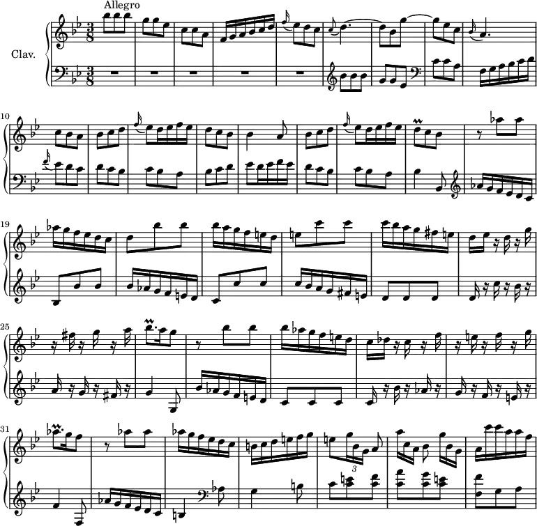 
\version "2.18.2"
\header {
  tagline = ##f
  % composer = "Domenico Scarlatti"
  % opus = "K. 202"
  % meter = "Allegro"
}
%% les petites notes
trillBesqp     = { \tag #'print { bes8.\prall } \tag #'midi { c32 bes c bes~ bes16 } }
trillAesqp     = { \tag #'print { aes8.\prall } \tag #'midi { bes32 aes bes aes~ aes16 } }
trillDq        = { \tag #'print { d8\prall } \tag #'midi { ees32 d ees d } }
upper = \relative c'' {
  \clef treble 
  \key bes \major
  \time 3/8
  \tempo 4. = 70
  \set Staff.midiInstrument = #"harpsichord"
  \override TupletBracket.bracket-visibility = ##f
      s8*0^\markup{Allegro}
      bes'8 bes bes | g g ees | c c a | f16 g a bes c d | \appoggiatura f16 ees8 d c  | \appoggiatura c8 d4.~ | 
      % ms. 7
      d8 bes g'~ | g8 ees c | \appoggiatura bes16 a4. | c8 bes a | bes c d | \appoggiatura f16 ees8 d16 ees f ees | d8 c bes |
      % ms. 14
      bes4 a8  | bes8 c d | \appoggiatura f16 ees8 d16 ees f ees | \trillDq c8   \tempo 4. = 30 bes8 |   \tempo 4. = 70 r8 aes' aes | aes16 g f ees d c |
      % ms. 20
      d8 bes' bes | bes16 a g f e d | e8 c' c | c16 bes a g fis e | d ees r16 d r16 g | r16 fis r16 g r16 a |
      % ms. 26
      \trillBesqp a16   \tempo 4. = 30 g8 |   \tempo 4. = 70 r8 bes8 bes | bes16 aes g f e d | c des r16 c r16 f | r16 e r16 f r16 g | \trillAesqp g16   \tempo 4. = 30 f8 |   \tempo 4. = 70
      % ms. 32
      r8 aes8 aes | aes16 g f ees d c | b c d e f g | e8[ \times 2/3 { g16 bes, g] } a8 |   \omit TupletNumber \times 2/3 { a'16[ c, a] } bes8] \times 2/3 { g'16[ bes, g] } | a16 c' c a a f
}
lower = \relative c' {
  \clef bass
  \key bes \major
  \time 3/8
  \set Staff.midiInstrument = #"harpsichord"
  \override TupletBracket.bracket-visibility = ##f
    % **************************************
      R4.*5 |   \clef treble  bes'8 bes bes | g g ees |
      % ms. 7
         \clef bass c c a | f16 g a bes c d | \appoggiatura f16 ees8 d c | d8 c bes | c bes a | bes c d |
      % ms. 14
      ees8 d16 ees f ees | d8 c bes | c bes a | bes4 bes,8 | \clef treble   aes''16 g f ees d c | bes8 bes' bes |
      % ms. 20
      bes16 aes g f e d | c8 c' c | c16 bes a g fis e  | d8 d d | d16 r16 c' r16 bes r16 | a r16 g r16 fis r16 |
      % ms. 26
      g4 g,8 | bes'16 aes g f e d | c8 c c | c16 r16 bes' r16 aes r16 | g16 r16 f r16 e r16 | f4 f,8 |
      % ms. 32
      aes'16 g f ees d c | b4   \clef bass  aes8 | g4 b8 | c8 < c e > < c f > < c a' > < c g' > < c e > | < f, f' > g a |
}
thePianoStaff = \new PianoStaff <<
    \set PianoStaff.instrumentName = #"Clav."
    \new Staff = "upper" \upper
    \new Staff = "lower" \lower
  >>
\score {
  \keepWithTag #'print \thePianoStaff
  \layout {
      #(layout-set-staff-size 17)
    \context {
      \Score
     \override SpacingSpanner.common-shortest-duration = #(ly:make-moment 1/2)
      \remove "Metronome_mark_engraver"
    }
  }
}
\score {
  \keepWithTag #'midi \thePianoStaff
  \midi { }
}
