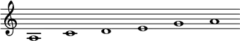 
 \relative c'  {\override Score.BarLine.stencil = ##f \override Score.TimeSignature.stencil = ##f a1 c d e g a}
