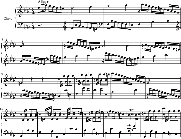 
\version "2.18.2"
\header {
  tagline = ##f
}
%% les petites notes
trillCqp = { \tag #'print { c4.\trill } \tag #'midi { d32 c d c d c d c~ c8 } } % 3*16
upper = \relative c'' {
  \clef treble 
  \key f \minor
  \time 3/4
  \tempo 4 = 112
  \set Staff.midiInstrument = #"harpsichord"
   f8^\markup{Allegro} c'16 bes aes8 g f e | f2 g4 | aes2 bes4 | r16 c16 bes aes g f e des c bes aes g | { \tag #'print { aes16 } \tag #'midi { s16 } } s16 s8 s2 | 
   % ms. 6
   r16 f'16 ees des c bes aes g f e! f g | aes2 bes4 | r16 c bes aes g aes g f g f e! d | e4 r4 r4 | 
   % ms. 10
   r8 g16 g' g,8 g' g, g' | r8 aes,16 aes' aes,8 aes' aes, a' | r8 bes,16 bes' bes,8 bes' bes, b' | c16 bes aes g f ees des c bes aes g f | ees16 s16 s8 s2 | 
   % ms. 15
   r8 c16 < aes' c > c,8 < aes' c >8 c, < aes' c > | r8 d,!16 < b' d > d,8 < b' d >8 d, < b' d > | r8 ees,16 < c' ees > ees,8 < c' ees >8 ees, < c' e! > | r8 f,16 < d'! f > f,8 < d' f >8 f, < d' fis > |
   % ms. 19
   g,8 g'4 f16 ees d!8 c | b!4 \trillCqp b16 c | d!8 g,16 g' g,8 g' g, g' | < c, c' >8 g16[ g'] g,8 g' g, g' | 
}
lower = \relative c {
  \clef bass
  \key f \minor
  \time 3/4
  \set Staff.midiInstrument = #"harpsichord"
    % **************************************
    r2. | \clef treble f'8 c'16 bes aes8 g f e  \clef bass f,8 c'16 bes aes8 g f e | f4 bes c | 
    \clef treble aes'16 c bes aes g f e des \clef bass c bes aes g | aes4 bes c | r16 f16 ees des c bes aes g f e! f g | aes4 bes des | 
    % ms. 9
    r16 c16 bes aes g aes g f g f e! d | c4 c' e,! | f f' ees | des ees ees, | aes2 des4 | r16 ees16 des c bes aes g f ees des c bes |
    % ms. 15
    aes4 aes' g | f g g, | c c' bes | aes bes d, | ees c' f, | << { g'2 f4 } \\ { g,4 aes2 } >>
    % ms. 21
    g,4 g' f | ees d! c | 
}
thePianoStaff = \new PianoStaff <<
    \set PianoStaff.instrumentName = #"Clav."
    \new Staff = "upper" \upper
    \new Staff = "lower" \lower
  >>
\score {
  \keepWithTag #'print \thePianoStaff
  \layout {
      #(layout-set-staff-size 17)
    \context {
      \Score
     \override SpacingSpanner.common-shortest-duration = #(ly:make-moment 1/2)
      \remove "Metronome_mark_engraver"
    }
  }
}
\score {
  \keepWithTag #'midi \thePianoStaff
  \midi { }
}
