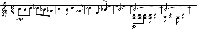 
\version "2.18.2"
\header {
  tagline = ##f
}
\score {
  \new Staff \with {
  }
<<
  \relative c'' {
    \key c \major
    \time 6/8
    \tempo 4. = 120
    \override TupletBracket #'bracket-visibility = ##f 
     % thème mvt 1
     c8\mp b d des bes aes c4 b8 d4 aes8 des4 f,8 
     << { bes4.~-> bes2.~ bes~ bes~ \hideNotes bes8 } \\ { s4.*3 < a, d >8\p < a d > q q r4 b8 r4 a8 r4 } >>
  }
>>
  \layout {
     \context { \Score \remove "Metronome_mark_engraver" }
  }
  \midi {}
}
