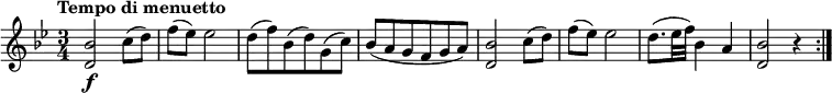 
  \relative c'' {
    \version "2.18.2"
    \key bes \major 
    \tempo "Tempo di menuetto"
    \tempo 4 = 120
    \time 3/4
   <d, bes'>2 \f c'8 (d) 
   f (ees) ees2
   d8 (f) bes, (d) g, (c)
   bes (a g f g a)
   <d, bes'>2  c'8 (d)
   f (ees) ees2
   d8. (ees32 f) bes,4 a
   <d, bes'>2 r4 \bar ":|."  
}
