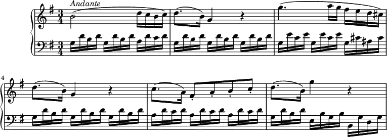 
\version "2.18.2"
\header {
  tagline = ##f
}
upper = \relative c'' {
    \tempo "Andante"
    \key g \major
    \time 3/4
    \tempo 4 = 70
    b2^\markup{ \italic {Andante} } (d16 c b c)
    d8. (b16) g4 r
    g'4. (a16 g fis e d cis)
    d8. (b16) g4 r
    c8. (a16) fis8-. a-. b-. c-.
    d8. (b16) g'4 r
  }
lower =\relative c' {
    \clef "bass"
    \set Staff.midiMinimumVolume = #0.2 \set Staff.midiMaximumVolume = #0.5
    \key g  \major
    \time 3/4
     \repeat unfold 2 { g16 d' b d } a d c d
     \repeat unfold 3 { g,16 d' b d }
     \repeat unfold 2 { g,16 e' c e } g, cis ais cis
     \repeat unfold 3 { g16 d' b d }
     \repeat unfold 3 { a16 d c d }
     g,16 d' b d e, b' g b b, g' d g
  }
\score {
  \new PianoStaff <<
    \new Staff = "upper" \upper
    \new Staff = "lower" \lower
  >>
  \layout {
    \context {
      \Score
      \remove "Metronome_mark_engraver"
    }
  }
  \midi { }
}
