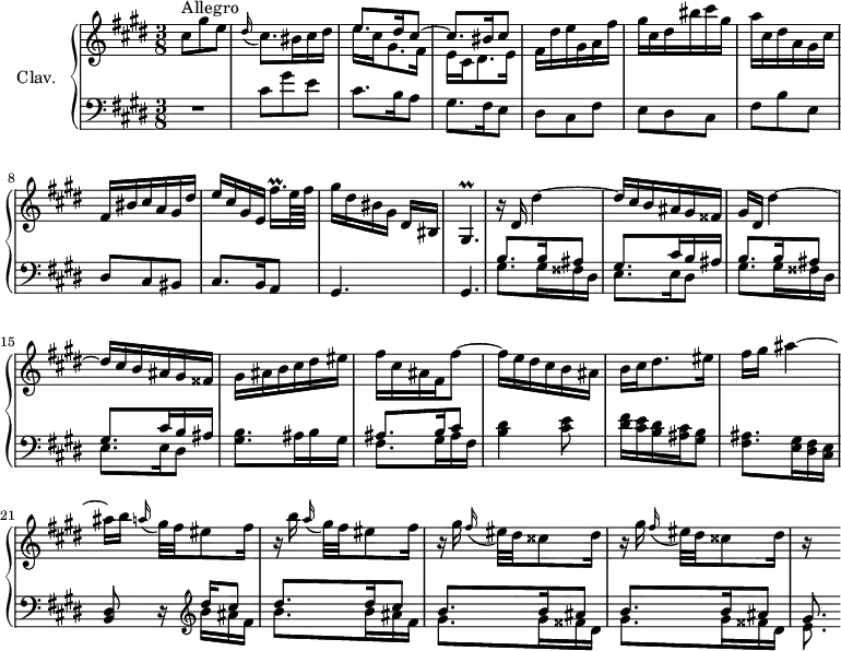 
\version "2.18.2"
\header {
  tagline = ##f
  % composer = "Domenico Scarlatti"
  % opus = "K. 247"
  % meter = "Allegro"
}
%% les petites notes
trillGisp       = { \tag #'print { gis4.\prall } \tag #'midi { a64 gis a gis~ gis16~ gis4 } }
trillFisqqpUp   = { \tag #'print { fis'16.\prall[ } \tag #'midi { gis64 fis gis fis~ fis32 } }
upper = \relative c'' {
  \clef treble 
  \key cis \minor
  \time 3/8
  \tempo 4. = 50
  \set Staff.midiInstrument = #"harpsichord"
  \override TupletBracket.bracket-visibility = ##f
      s8*0^\markup{Allegro}
      cis8 gis' e | \appoggiatura dis16 cis8. bis16 cis dis | << { \mergeDifferentlyDottedOn e8. dis16 cis8~ | cis8. bis16 cis8 } \\ { e16 cis gis8. fis16 | e16 cis dis8. e16 } >> | fis16 dis' e gis, a fis' |
      % ms. 6
      gis16 cis, dis bis' cis gis| a cis, dis a gis cis | fis, bis cis a gis dis' | e cis gis e \trillFisqqpUp e64 fis] | gis16 dis bis gis dis[ bis] |
      % ms. 11
      \trillGisp | r16 dis'16 dis'4~ | dis16 cis b ais gis fisis | gis dis dis'4~ | dis16 cis b ais gis fisis |
      % ms. 16
      gis16 ais b cis dis eis  | fis cis ais fis fis'8~ | fis16 e dis cis b ais | b cis dis8. eis16 | fis16 gis ais4~ 
      % ms. 21
      ais16 \repeat unfold 2 { b16 \appoggiatura a16 gis32[ fis eis8 fis16] r16 } | \repeat unfold 2 { gis16 \appoggiatura fis16 eis32[ dis cisis8 dis16] r16 } s8
}
lower = \relative c' {
  \clef bass
  \key cis \minor
  \time 3/8
  \set Staff.midiInstrument = #"harpsichord"
  \override TupletBracket.bracket-visibility = ##f
    % ************************************** \appoggiatura a16  \repeat unfold 2 {  } \times 2/3 { }   \omit TupletNumber 
      R4. | cis8 gis' e | cis8. b16 a8 | gis8. fis16 e8 | dis8 cis fis |
      % ms. 6
      e8 dis cis | fis b e, | dis cis bis | cis8. b16 a8 | gis4. |
      % ms. 11
      gis4. | \repeat unfold 2 { << { b'8. b16 ais8 | gis8. cis16 b ais } \\ { gis8. gis16 fisis dis | e8. e16 dis8 } >> }
      % ms. 16
      < gis b >8. ais16 b gis | << { ais8. b16 cis8 } \\ { fis,8. gis16 ais fis } >> | < b dis >4 < cis e >8 | < dis fis >16 < cis e > < b dis > < ais cis > < gis b >8 | < fis ais >8. < e gis >16 < dis fis > < cis e > |
      % ms. 21
      < b dis >8 r16  \clef treble  << { dis''16 cis8 | dis8. dis16 cis8 | \repeat unfold 2 { b8. b16 ais8 } gis8. } \\ { b16 ais fis | b8. b16 ais fis | \repeat unfold 2 { gis8. gis16 fisis dis  } | e8. } >>
}
thePianoStaff = \new PianoStaff <<
    \set PianoStaff.instrumentName = #"Clav."
    \new Staff = "upper" \upper
    \new Staff = "lower" \lower
  >>
\score {
  \keepWithTag #'print \thePianoStaff
  \layout {
      #(layout-set-staff-size 17)
    \context {
      \Score
     \override SpacingSpanner.common-shortest-duration = #(ly:make-moment 1/2)
      \remove "Metronome_mark_engraver"
    }
  }
}
\score {
  \keepWithTag #'midi \thePianoStaff
  \midi { }
}
