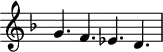 
\version "2.18.2"
\header {
  tagline = ##f
}
\score {
  \new Staff \with {
    \remove "Time_signature_engraver"
  }
  \relative c'' {
    \key f \major
    \time 6/4
    \tempo 4 = 60
    \autoBeamOff
    \clef treble
    \override Rest #'style = #'classical
    \set Staff.midiInstrument = #"violin"
  g4. f ees d
  }
  \layout {
    \context {
      \Score
      \remove "Metronome_mark_engraver"
    }
  }
  \midi {}
}
