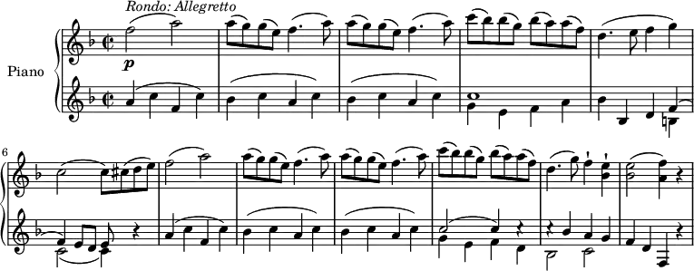 
\version "2.18.2"
\header {
  tagline = ##f
}
upper = \relative c' {
  \clef treble 
  \key f \major
  \time 2/2
  \tempo "Allegretto"
  \tempo 4 = 130
  %\autoBeamOff
  f'2 \p^\markup{ \italic {Rondo: Allegretto } } (a)
  \repeat unfold 2 {a8 (g) g (e) f4. (a8)}
  c8 (bes)  bes (g)  bes (a)  a (f)
  d4. (e8 f4 g)
  c,2 (c8) cis (d e)
  f2 (a)
  \repeat  unfold 2 {a8 (g) g (e) f4. (a8)}
  c8 (bes)  bes (g)  bes (a)  a (f)
  d4. (g8) f4-! <bes, e>-!
  <bes e>2 (<a f'>4) r
}
lower = \relative c {
  \clef bass
  \key f \major
  \time 2/2
   \clef treble 
    a''4 (c f, c')
    \repeat unfold 2 {bes (c a c)}
    << { \stemDown g4 e f a} \\ { c1 } >>
    bes4 bes, d << { \stemDown b4 c2 _(c4)} \\ { \stemUp f4 ^(f) e8 d e } >> r4
    a4 (c f, c')
    \repeat unfold 2 {bes (c a c)}
    << { \stemDown g4 e f d bes2 c2} \\ {\stemUp  c'2 ^(c4) c \rest  c \rest bes a g } >>
    f4 d f, r
} 
\score {
  \new PianoStaff <<
    \set PianoStaff.instrumentName = #"Piano"
    \new Staff = "upper" \upper
    \new Staff = "lower" \lower
  >>
  \layout {
    \context {
      \Score
      \remove "Metronome_mark_engraver"
    }
  }
  \midi { }
}
