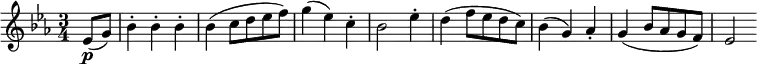 
\relative c'' {
\time 3/4
\key ees \major
\partial 4
ees,8\p( g)
bes4-. bes-. bes-.
bes( c8 d ees f)
g4( ees) c-.
bes2 ees4-.
d( f8 ees d c)
bes4( g) aes-.
g( bes8 aes g f)
ees2
}
