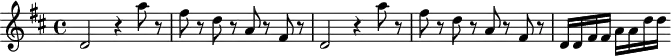 
\header {
  tagline = ##f
}
\score {
  \new Staff \with {
  }
<<
  \relative c'' {
    \key d \major
    \time 4/4
    \override TupletBracket #'bracket-visibility = ##f 
    %\autoBeamOff
     %%%%%%% K 87 - ouverture Mitridate
     \repeat unfold 2 {  d,2 r4 a''8 r8 fis r8 d r8 a r8 fis r8 }
     d16 d fis fis a a d d
  }
>>
  \layout {
    \context {
      \remove "Metronome_mark_engraver"
    }
  }
  \midi {}
}
