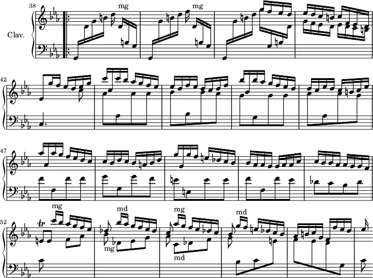 
\version "2.18.2"
\header { 
  tagline = ##f
}
%% les petites notes
trillEq     = { \tag #'print { e8\trill } \tag #'midi { f32 e f e } }
upper = \relative c'' {
  \clef treble
  \key c \minor
  \time 2/4
  \tempo 4 = 90
  \set Staff.midiInstrument = #"harpsichord"
  \omit Staff.TimeSignature
  \set Score.currentBarNumber = #38
    \bar ""
    \bar ".|:"
    \stemUp \change Staff = "lower" g,,16 \stemDown \change Staff = "upper" d''16 g b d  \stemUp d,16[^"mg" \stemUp \change Staff = "lower" b16 g] | g, \stemDown \change Staff = "upper" g''16 b d f \stemUp d,[^"mg" \stemUp \change Staff = "lower" b g] | g,16 \stemDown \change Staff = "upper" g''16 b d | \stemUp g16 f ees d | ees d c b c f, ees d | 
     % ms. 42
     ees8 g'16 f ees  d ees16 g | c16 c, c' bes aes g f ees | ees d f ees  d c d f | bes bes, bes' aes g f ees d | 
     % ms. 46
     d16 c ees d  c b c ees | aes aes, aes' g f ees d c | c bes d c bes a bes d | g g, g' f e des c bes |
     % ms. 50
     bes16 aes aes g  g aes aes c | c bes bes aes  aes g g f | \trillEq e8 \stemDown f aes | bes8 \stemUp bes'16[^"md" aes] g f ees des |
     % ms. 54
     c8 \stemDown c,[^"mg" des f] | g \stemUp g'16[^"md" f] e des c bes | aes b c g  f f' ees d | ees % << { s8 g8 f16 ees d c } \\ { ees16 f g d c8 } >> 
}
lower = \relative c' {
  \clef bass
  \key c \minor
  \time 2/4
  \set Staff.midiInstrument = #"harpsichord"
  \omit Staff.TimeSignature
    % *****************************
      s1 s4 \stemDown \change Staff = "upper" g''16 \stemUp \change Staff = "lower" g,,16 b \stemDown \change Staff = "upper" d16 | g16 f ees d  ees d c b |
      % ms. 42
      \stemUp \change Staff = "lower" c,4. \stemDown \change Staff = "upper" c''8 | aes[ \change Staff = "lower" aes, \change Staff = "upper" aes' aes] | bes[ \change Staff = "lower" bes,  \change Staff = "upper" bes' aes] | g[ \change Staff = "lower" g, \change Staff = "upper" g' g] | 
      % . ms. 46
      aes8[ \change Staff = "lower" aes, \change Staff = "upper" aes' g] | \change Staff = "lower" f[ f, f' f] | g[ g, g' f] | e[ e, e' e]
      % ms. 50
      f8[ f, f' ees] | des[ c bes  des] | c \stemUp \change Staff = "upper" c''16^"mg"[ bes] aes g f ees |  des8-"mg" \stemDown des,[ ees g] |
      % ms. 54
      aes8 \stemUp aes'16-"md"[ g] f ees des c | bes8 \stemDown \change Staff = "lower" bes,8[ c \change Staff = "upper" e] | f[ ees d  \change Staff = "lower" g,] | c
}
thePianoStaff = \new PianoStaff <<
    \set PianoStaff.instrumentName = #"Clav."
    \new Staff = "upper" \upper
    \new Staff = "lower" \lower
  >>
\score {
  \keepWithTag #'print \thePianoStaff
  \layout {
      #(layout-set-staff-size 17)
    \context {
      \Score
     \override SpacingSpanner.common-shortest-duration = #(ly:make-moment 1/2)
      \remove "Metronome_mark_engraver"
    }
  }
}
\score {
  \keepWithTag #'midi \thePianoStaff
  \midi { }
}
