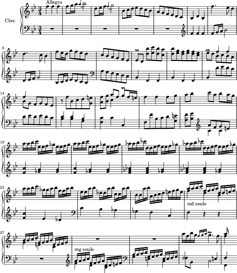 
\version "2.18.2"
\header {
  tagline = ##f
  % composer = "Domenico Scarlatti"
  % opus = "K. 189"
  % meter = "Allegro"
}
%% les petites notes
trillEesq     = { \tag #'print { ees8\prall } \tag #'midi { f32 ees f ees } }
trillEes      = { \tag #'print { ees4\prall } \tag #'midi { f32 ees f ees~ ees8 } }
trillGq       = { \tag #'print { g8\prall } \tag #'midi { a32 g a g } }
trillGp       = { \tag #'print { g4.\prall } \tag #'midi { a32 g a g~ g4 } }
upper = \relative c'' {
  \clef treble 
  \key bes \major
  \time 3/4
  \tempo 4 = 96
      s8*0^\markup{Allegro}
      f4 f f | f8 g16 a \appoggiatura a4 bes2 | d,8 ees16 f \appoggiatura f4 g2 | bes,8 c16 d ees8 d c bes | a g f ees d c |
      % ms. 6
      bes4 d bes | f''4. ees8 d4 | d4. c8 bes4 | f'8 ees16 d g8 f ees d | c bes a g f ees |
      % ms. 11
      \trillEesq d < d' bes' >[ < ees c' > < d bes' > < c a' >] | < d bes' > \repeat unfold 2 { < ees g > < d f > } < c ees > | \trillEesq d8 << { f4 f | f } \\ { bes,8 c bes a | bes[ g] } >> f8 g f ees | r8 f'8 bes, c d < g, e' >
      % ms. 16
      < a f' >8 < bes g' > << { a'8 f \trillGq f16 e } \\ { c4 } >>  | f4 f f8 g | a bes c a bes a16 g | \repeat unfold 2 { a a bes c \repeat unfold 2 { ees, ees f ges } }
      % ms. 21
      \repeat unfold 2 { aes16 aes bes ces d, d ees  f ees ees f ges } | a a bes c ges ges a bes f f a bes |
      % ms. 24
      ees,16 ees a bes des, des a' bes c, c a' bes | bes, bes a' bes a, bes c d e f g e |
      << { a16 a bes c | f, f g a | d, d e f | bes, bes c d | g, g a bes | e, e f g } 
      \\ { f'4-\markup{md seule} d bes | g e c } >> |
      % ms. 28
      R2.*2
      a''16 f bes g \grace {   \tempo 4 = 46 f16 g a }   \tempo 4 = 96 \trillGp f8
      % ms. 31
      << { a16 s8. } \\ { f4 } >> % a bes c
}
lower = \relative c' {
  \clef bass
  \key bes \major
  \time 3/4
    % ************************************** \appoggiatura a16  \repeat unfold 2 {  } \times 2/3 { }   \omit TupletNumber 
      R2.*5 | 
      % ms. 6
        \clef treble f4 f f | f8 g16 a bes2 | d,8 ees16 f g2 | bes,8 c16 d ees8 d c bes   \clef bass a g f ees d c |
      % ms. 11
      \repeat unfold 2 { bes4 f f } | bes4 d'8 ees d c | d ees d ees d c | << { d4 d bes } \\ { bes4 bes g } >>
      % ms. 16
      < f c' >4 c' c, | f8 f' bes, c d < g, e' > | < a f' > < bes g' >  \clef treble << { a' f g e } \\ { c4 c } >>
      % ms. 19
      \repeat unfold 2 { < f c' >4 < ges bes > q } | \repeat unfold 2 { < f aes ces >4 q < ges bes > } | < f c' > ees des \clef bass |
      % ms. 24
      c4 bes aes | ges f c | f r4 r4 | 
      % ms. 27
      R2. | \clef treble 
      << { a'16-\markup{mg seule} a bes c | f, f g a | d, d e f |   \clef bass bes, bes c d | g, g a bes | e, e f g | f2 e4 f } 
      \\ { f'4 d bes |   \clef bass g e c | f8 bes, c2 | f,4 } >> 
      % ms. 31
}
thePianoStaff = \new PianoStaff <<
    \set PianoStaff.instrumentName = #"Clav."
    \new Staff = "upper" \upper
    \new Staff = "lower" \lower
  >>
\score {
  \keepWithTag #'print \thePianoStaff
  \layout {
      #(layout-set-staff-size 17)
    \context {
      \Score
     \override TupletBracket.bracket-visibility = ##f
     \override SpacingSpanner.common-shortest-duration = #(ly:make-moment 1/2)
      \remove "Metronome_mark_engraver"
    }
  }
}
\score {
  \keepWithTag #'midi \thePianoStaff
  \midi { \set Staff.midiInstrument = #"harpsichord" }
}
