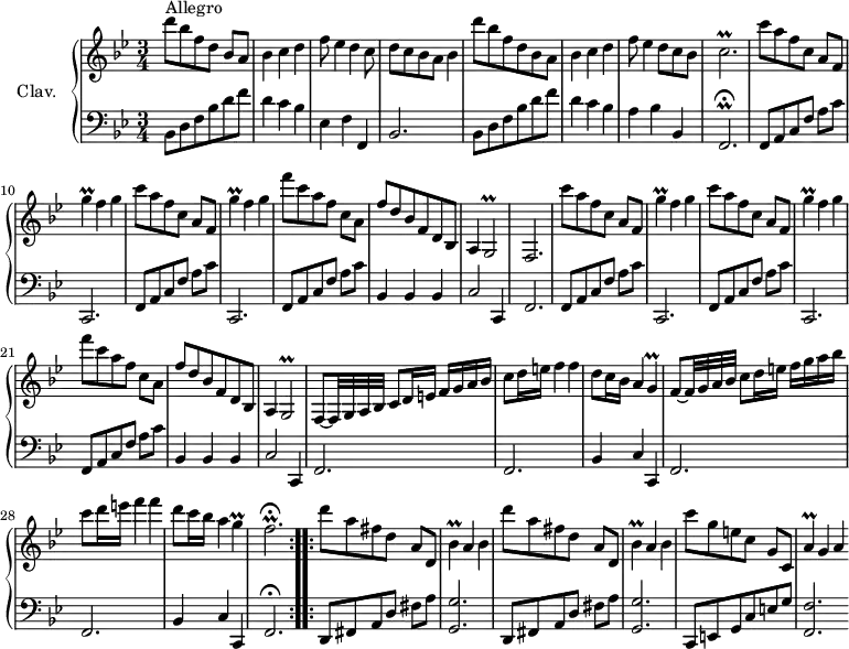 
\version "2.18.2"
\header {
  tagline = ##f
  % composer = "Domenico Scarlatti"
  % opus = "K. 411"
  % meter = "Allegro"
}
%% les petites notes
trillFbp       = { \tag #'print { f2.\prall } \tag #'midi { g32 f g f~ f8~ f2 } }
trillCbp       = { \tag #'print { c2.\prall } \tag #'midi { d32 c d c~ c8~ c2 } }
trillGUp       = { \tag #'print { g'4\prall } \tag #'midi { a32 g a g~ g8 } }
trillG         = { \tag #'print { g4\prall } \tag #'midi { a32 g a g~ g8 } }
trillGb        = { \tag #'print { g2\prall } \tag #'midi { a32 g a g~ g8~ g4 } }
trillCbp       = { \tag #'print { c2.\prall } \tag #'midi { d32 c d c~ c8~ c2 } }
trillFbp       = { \tag #'print { f2.\prall\fermata } \tag #'midi { g32 f g f~ f8~ f2 } }
trillBesUp     = { \tag #'print { bes'4\prall } \tag #'midi { c32 bes c bes~ bes8 } }
trillAUp       = { \tag #'print { a'4\prall } \tag #'midi { bes32 a bes a~ a8 } }
upper = \relative c'' {
  \clef treble 
  \key bes \major
  \time 3/4
  \tempo 4 = 126
  \set Staff.midiInstrument = #"harpsichord"
  \override TupletBracket.bracket-visibility = ##f
  \repeat volta 2 {
      s8*0^\markup{Allegro}
      d'8 bes f d bes[ a] | bes4 c d | f8 ees4 d c8 | d8 c bes a bes4 | d'8 bes f d bes a |
      % ms. 6
      bes4 c d | f8 ees4 d8 c bes | \trillCbp | \repeat unfold 2 { c'8 a f c a[ f] |
      % ms. 12
      \trillGUp f4 g } | f'8 c a f c[ a] | f' d bes f d bes | a4 \trillGb | f2. | \repeat unfold 2 { c'''8 a f c a[ f] |
      % ms. 18
      \trillGUp f4 g } | | f'8 c a f c[ a] | f' d bes f d bes | a4 \trillGb |
      % ms. 24
      f8~ f32 g a bes c8 d16 e f g a bes | c8 d16 e f4 f | d8 c16 bes a4 \trillG | f8~ f32 g a bes c8 d16 e f g a bes |
      % ms. 28
      c8 d16 e f4 f | d8 c16 bes a4 \trillG | \trillFbp }%repet
      % ms. 31
      \repeat unfold 2 { d'8 a fis d a[ d,] | \trillBesUp a4 bes } | 
      % ms. 34
      c'8 g e c g[ c,] | \trillAUp g4 a |
}
lower = \relative c' {
  \clef bass
  \key bes \major
  \time 3/4
  \set Staff.midiInstrument = #"harpsichord"
  \override TupletBracket.bracket-visibility = ##f
  \repeat volta 2 {
    % ************************************** \appoggiatura a16  \repeat unfold 2 {  } \times 2/3 { }   \omit TupletNumber 
      bes,8 d f bes d f | d4 c bes | ees, f f, | bes2. | bes8 d f bes d f |
      % ms. 6
      d4 c bes | a bes bes, | \trillFbp | \repeat unfold 2 { \repeat unfold 2 { f8 a c f a[ c] |
      % ms. 12
      c,,2. } | f8 a c f a[ c] | bes,4 bes bes | c2 c,4 |
      % ms. 24
      f2. } f2. | bes4 c c, | f2. |
      % ms. 28
      f2. | bes4 c c, | f2.\fermata  }%repet
\bar ":..:"
      % ms. 31
      \repeat unfold 2 { d8 fis a d fis[ a] | < g, g' >2. }
      % ms. 34
      c,8 e g c e g | < f, f' >2.  \bar "" 
}
thePianoStaff = \new PianoStaff <<
    \set PianoStaff.instrumentName = #"Clav."
    \new Staff = "upper" \upper
    \new Staff = "lower" \lower
  >>
\score {
  \keepWithTag #'print \thePianoStaff
  \layout {
      #(layout-set-staff-size 17)
    \context {
      \Score
     \override SpacingSpanner.common-shortest-duration = #(ly:make-moment 1/2)
      \remove "Metronome_mark_engraver"
    }
  }
}
\score {
  \unfoldRepeats
  \keepWithTag #'midi \thePianoStaff
  \midi { }
}
