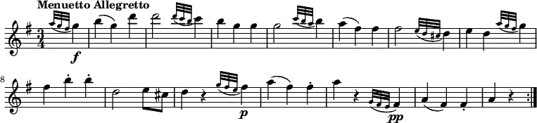 
\relative c'' {
  \version "2.18.2"
  \key g \major
  \tempo "Menuetto Allegretto"
  \time 3/4
  \tempo 4 = 120
  \partial4 \grace {a'32 (g fis} g4) \f
  b (g)  d'
  d2 \grace {d32 (c b} c4)
  b g g
  g2 \grace {c32 (b a} b4)
  a (fis) fis
  fis2 \grace {e32 (d cis} d4)
  e d  \grace {a'32 (g fis} g4)
  fis b-. b-.
  d,2 e8 cis
  d4 r \grace {g32 ( fis e}  fis4) \p 
  a (fis) fis-.
  a r \grace {g,32 ( fis e}  fis4) \pp
  a (fis) fis-. 
  a r \bar ":|."
}
