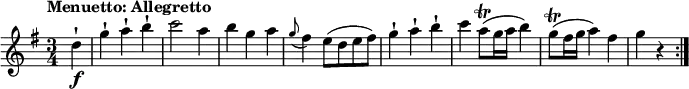 
  \relative c'' {
    \version "2.18.2"
    \key g \major
    \tempo "Menuetto: Allegretto"
    \time 3/4
    \tempo 4 = 120
   \partial 4 d4-!\f
   g-! a-! b-!
   c2 a4
   b g a
   \grace g8 (fis4) e8 (d e fis)
   g4-! a-! b-!
   c a8\trill (g16 a b4)
   g8\trill (fis16 g a4) fis
   g r \bar ":|."
}
