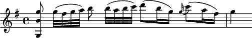 
\header {
  tagline = ##f
}
\score {
  \new Staff \with {
  }
<<
  \relative c'' {
    \key g \major
    \time 4/4
    \override TupletBracket #'bracket-visibility = ##f 
    \autoBeamOff
     %%%%%%%%%%% K 70/61c
     < g, b' g' >8 g''32[( fis g a)] b8 b32[( a b c)] d8[( b16 g)] \grace g16( c8)[( a16 fis)] g4
  }
>>
  \layout {
    \context {
      \remove "Metronome_mark_engraver"
    }
  }
  \midi {}
}
