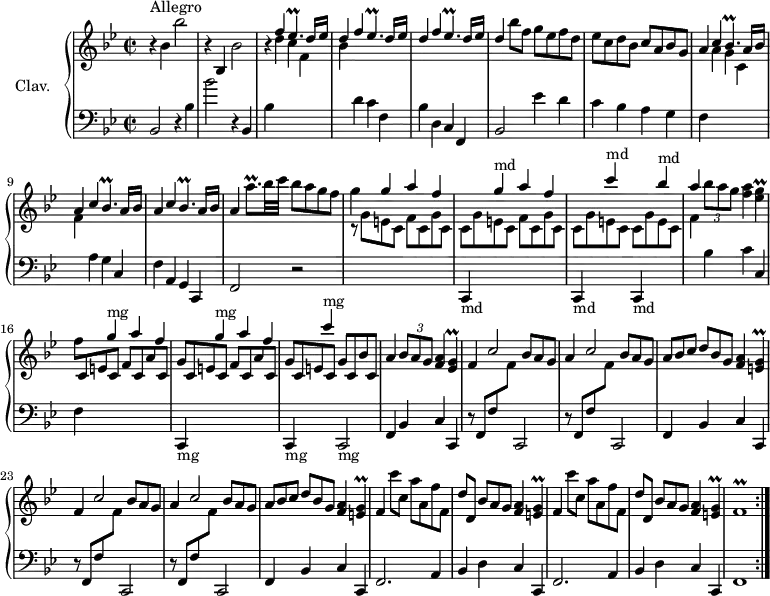 
\version "2.18.2"
\header {
  tagline = ##f
  % composer = "Domenico Scarlatti"
  % opus = "K. 528"
  % meter = "Allegro"
}
%% les petites notes
trillBesp      = { \tag #'print { bes4.\prall } \tag #'midi { c16 bes c bes c bes } }
trillAqpUp     = { \tag #'print { a'8.\prall } \tag #'midi { \times 2/3 { a16 bes a~ } a16 } }
trillEesp      = { \tag #'print { ees4.\prall } \tag #'midi { f16 ees f ees f ees } }
trillEesG      = { \tag #'print { < ees g >4\prall } \tag #'midi { a16 g a g } }
trillEG        = { \tag #'print { < e g >4\prall } \tag #'midi { a16 g a g } }
trillFr        = { \tag #'print { f1\prall } \tag #'midi { g16 f g f~   \tempo 2 = 60 f2.   \tempo 2 = 82 } }
upper = \relative c'' {
  \clef treble 
  \key bes \major
  \time 2/2
  \tempo 2 = 82
  \set Staff.midiInstrument = #"harpsichord"
  \override TupletBracket.bracket-visibility = ##f
  \repeat volta 2 {
      s8*0^\markup{Allegro}
      r4 bes4 bes'2 | r4 bes,,4 bes'2 | r4 \stemUp \repeat unfold 3 { f' \trillEesp  d16 ees | 
      % ms. 6
      d4 } \stemNeutral  bes'8 f g ees f d | ees c d bes c a bes g | a4 \stemUp \repeat unfold 3 { c \trillBesp a16 bes |
      % ms. 11
      a4 } \stemNeutral \trillAqpUp bes32 c bes8 a g f | g4 \stemUp g a f |
      \change Staff = "lower" c,,,4-\markup{md}
      \change Staff = "upper" g''''^\markup{md} a f 
      \change Staff = "lower" c,,,4-\markup{md}
      \change Staff = "upper" c''''^\markup{md}
      \change Staff = "lower" c,,,,4-\markup{md}
      \change Staff = "upper" bes''''^\markup{md}
      % ms. 15
      a4 \stemNeutral \times 2/3 { bes8 a g } < f a >4 \trillEesG | \stemDown f8 \stemUp \repeat unfold 2 { c, e c f c a' c, | g' } c, e c g' c, bes' c, |
      % ms. 19
      a'4 \times 2/3 { bes8 a g } < a f >4 \trillEesG |
      \repeat unfold 2 { f4 c'2 \omit TupletNumber \times 2/3 { bes8 a g } | a4 c2 \omit TupletNumber \times 2/3 { bes8 a g } | \times 2/3 { a8 bes c d[ bes g] } < f a >4 \trillEG } \stemNeutral 
      % ms. 26
      \repeat unfold 2 { f4 c''8[ c,] a' a, f' f, | d'[ d,] \times 2/3 { bes'8 a g } < f a >4 \trillEG } | \trillFr }%repet
}
lower = \relative c' {
  \clef bass
  \key bes \major
  \time 2/2
  \set Staff.midiInstrument = #"harpsichord"
  \override TupletBracket.bracket-visibility = ##f
  \repeat volta 2 {
    % ************************************** \appoggiatura a16  \repeat unfold 2 {  } \times 2/3 { }   \omit TupletNumber 
      bes,2 r4 bes'4 | bes'2 r4 bes,, | bes' \stemDown \change Staff = "upper" d' c f, | bes \stemNeutral \change Staff = "lower" d, c f, bes d, c f, |
      % ms. 6
      bes2 ees'4 d | c bes a g | f \stemDown \change Staff = "upper" a' g c, | f \stemNeutral \change Staff = "lower" a, g c, | f a, g c, |
      % ms. 11
      f2 r2 | \stemDown \change Staff = "upper"  r8 \repeat unfold 2 { g''8 e c f c g' c, | c } g' e c c g' e c |
      % ms. 15
      f4 \stemNeutral \change Staff = "lower" bes,4 c c, | f | 
      \repeat unfold 2 { \stemUp \change Staff = "upper" g''4^\markup{mg} a f 
      \stemNeutral \change Staff = "lower" c,,,4-\markup{mg} }
      \stemUp \change Staff = "upper" c''''4^\markup{mg}
      \stemNeutral \change Staff = "lower" c,,,,2-\markup{mg}
      % ms. 19
      f4 bes c c, | \repeat unfold 2 { \repeat unfold 2 { r8 f8 f' \change Staff = "upper" f' \stemNeutral \change Staff = "lower" c,,2 } | f4 bes c c, } |
      % ms. 26
      \repeat unfold 2 { f2. a4 |
      % ms. 27
      bes4 d c c, } | f1 }%repet
}
thePianoStaff = \new PianoStaff <<
    \set PianoStaff.instrumentName = #"Clav."
    \new Staff = "upper" \upper
    \new Staff = "lower" \lower
  >>
\score {
  \keepWithTag #'print \thePianoStaff
  \layout {
      #(layout-set-staff-size 17)
    \context {
      \Score
     \override SpacingSpanner.common-shortest-duration = #(ly:make-moment 1/2)
      \remove "Metronome_mark_engraver"
    }
  }
}
\score {
  \unfoldRepeats
  \keepWithTag #'midi \thePianoStaff
  \midi { }
}
