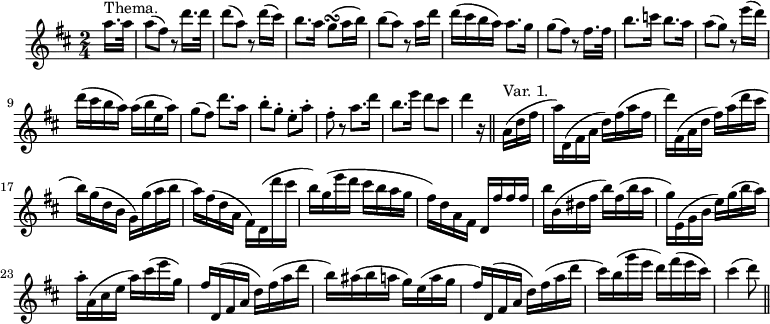 
\version "2.18.2"
\header {
  tagline = ##f
}
\score {
  \new Staff \with {
  }
<<
  \relative c'' {
    \key d \major
    \time 2/4
    \tempo 4 = 72
    \override TupletBracket #'bracket-visibility = ##f 
     %%%%%% Weber, tema
     \partial 8
     a'16.^\markup{Thema.} a32 | a8( fis) r8 d'16. d32 | d8( a) r8 d16( cis) | b8. a16 g8\turn(  a16 b) | b8( a) r8 a16 d |
     % ms. 5
     d16( cis b a)  a8. g16 | g8( fis) r8 fis16. fis32 |  b8. c16 b8. a16 | a8( g) r8 e'16( d) | d( cis b a) a( b e, a) |
     % ms. 10
     g8( fis) d'8. a16 | b8-. g-. e-. a-. | fis-. r8 a8. d16 | b8. e16 d8 cis | d4 r16  \bar "||" 
     % ms. 1 var 1.
     a,16(^\markup{Var. 1.} d fis | a) d,,( fis a d) fis( a fis d') fis,,( a d fis) a( d cis | b) g( d b g) g'( a b | a) fis( d a fis) d( d'' cis |
     % ms. 6 var 1.
     b16) g( e' d cis b a g | fis) d a fis d fis' fis fis | b b,( dis fis b) fis( b a | g) e,( g b e) g( b a) | a-. a,( cis e a) cis( e g,)
     % ms. 11 var 1.
     fis16) d,( fis a d) fis( a d | b) ais( b a g) e( a g | fis) d,( fis a d) fis( a d | cis) b( g' e d) fis( e cis) | cis4( d8) \bar "||" 
  }
>>
  \layout {
      #(layout-set-staff-size 17)
    indent = #3
     \context { \Score \remove "Metronome_mark_engraver" 
     \override SpacingSpanner.common-shortest-duration = #(ly:make-moment 1/2)
}
  }
  \midi { \set Staff.midiInstrument = #"flute" }
}
