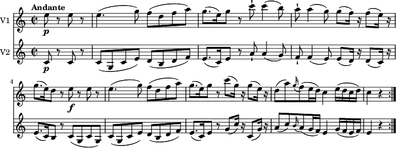 
<<
\new Staff \with { instrumentName = #"V1 "} \relative c'' {
    \version "2.18.2"
    \key c \major
    \tempo "Andante"
    \time 2/2
    \tempo 4 = 80
   \partial 2 e8\p r e r
    e4. (g8) f (d  f a)
    g8. (e16) g8 r c-! c4 (b8)
    a-! a4 (g8) g (f16) r f8 (e16) r
    g8. (e16) d8 r e\f r e r
    e4. (g8) f (d  f a)
     g8. (e16) g8 r c (g16) r g8 (e16) r
     d8 (a') \grace g16 ( f8) (e16 d) c4 e16 (d c d) 
     c4 r4
    \bar ":|."
}
\new Staff \with { instrumentName = #"V2 "} \relative c'' {
    \key c \major
    \time 2/2
    \partial 2 c,8\p r c r
     c (g c e) d (b d f)
     e8. (c16) e8 r a-! a4 (g8)
     f-! f4 (e8) e (d16) r d8 (c16) r
     e8. (c16) b8 r c (g c g)
     c (g c e) d (b d f)
     e8. (c16) e8 r g (c16) r c,8 (g'16) r
     a8 (c)  \grace b16 (a8) (g16 f) e4 g16 (f e f)
     e4 r4
     \bar ":|."
}
>>
