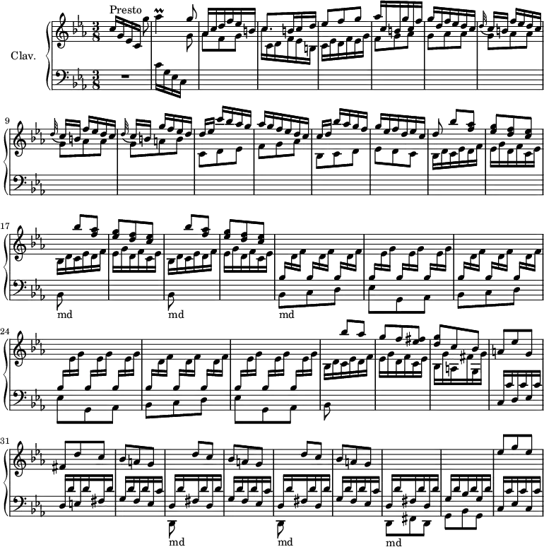 
\version "2.18.2"
\header {
  tagline = ##f
  % composer = "Domenico Scarlatti"
  % opus = "K. 48"
  % meter = "Presto"
}
%% les petites notes
trillAes     = { \tag #'print { aes4\prall } \tag #'midi { bes32 aes bes aes~ aes8 } }
upper = \relative c'' {
  \clef treble 
  \key c \minor
  \time 3/8
  \tempo 4. = 66 % tempo Ross
  \set Staff.midiInstrument = #"harpsichord"
  \override TupletBracket.bracket-visibility = ##f
      s8*0^\markup{Presto}
      c16[ g ees c] g''8 | \trillAes \stemUp g8 | aes,16 c d f ees b | \mergeDifferentlyDottedOn c8. b16 c d | ees8 f g |
      % ms. 6
      aes16 c, b g' c, f | g d f ees d c | \repeat unfold 2 { \appoggiatura d32 c16[ b] f' ees d c } | \appoggiatura d32 c16[ b] g' f ees d | d[ ees] c' bes aes g |
      % ms. 12
      aes g f ees d c | c[ d] bes' aes g f | g ees f d ees c | d8 \repeat unfold 3 { bes'[ < f aes >] | < ees g > < d f > < c ees > | 
      % ms. 18
         % < ees g >8 < d f > < c ees > | 
      \stemDown  \change Staff = "lower" bes,,8_\markup{md}  \stemUp \change Staff = "upper" } | \stemDown  \change Staff = "lower"
      % ms. 21 suite croisé vers le grave…
      \repeat unfold 3 { c8 d | ees g, aes | bes } | \stemUp \change Staff = "upper" bes'''[ aes]
      % ms. 28
      g8 f < ees fis > | < d g > c bes | a ees' g, | fis d' c | bes a g | \repeat unfold 2 { \stemDown  \change Staff = "lower" d,,8_\markup{md} \stemUp \change Staff = "upper"  d'''[ c] 
      % ms. 34
      bes8 a g } | \stemDown  \change Staff = "lower" d,,8_\markup{md} fis d | g bes g | \stemUp \change Staff = "upper" ees''' g ees |
}
lower = \relative c' {
  \clef bass
  \key c \minor
  \time 3/8
  \set Staff.midiInstrument = #"harpsichord"
  \override TupletBracket.bracket-visibility = ##f
    % ************************************** \appoggiatura a16  \repeat unfold 2 {  } \times 2/3 { }   \omit TupletNumber 
      R4. | c16[ g ees c] \stemDown \change Staff = "upper" g''8 | aes8 f g | c16 c, d f ees b | c ees d f ees g |
      % ms. 6
      f8 g aes | \repeat unfold 3 { g aes aes } | g a b | c, d ees |
      % ms. 12
      f8 g aes | bes, c d | ees d c | \repeat unfold 3 { bes16 d c ees d f | ees g d f c ees } \omit TupletNumber 
      % ms. 21
      \repeat unfold 3 { \repeat unfold 3 { \times 2/3 {  \stemUp  \change Staff = "lower" bes16[ \stemDown \change Staff = "upper" d f] } } | \repeat unfold 3 {  \stemUp  \change Staff = "lower" \times 2/3 { bes,16[ \stemDown \change Staff = "upper" ees g] } } } | 
      % ms. 27
      bes,16 d c ees d f | ees g d f c ees | bes g' a, fis' g, g' |  \stemUp  \change Staff = "lower"  c,,16 c' d, c' ees, c' | d, d' e, d' fis, d' | g, d' f, d' ees, c' | \repeat unfold 2 { d,16 d' fis, d' d, d' |
      % ms. 34
      g,16 d' f, d' ees, c' } | d,16 d' fis, d' d, d' | g, d' bes d g, d' | c, c' ees, c' c, c' 
      % ms. 40
}
thePianoStaff = \new PianoStaff <<
    \set PianoStaff.instrumentName = #"Clav."
    \new Staff = "upper" \upper
    \new Staff = "lower" \lower
  >>
\score {
  \keepWithTag #'print \thePianoStaff
  \layout {
      #(layout-set-staff-size 17)
    \context {
      \Score
     \override SpacingSpanner.common-shortest-duration = #(ly:make-moment 1/2)
      \remove "Metronome_mark_engraver"
    }
  }
}
\score {
  \keepWithTag #'midi \thePianoStaff
  \midi { }
}
