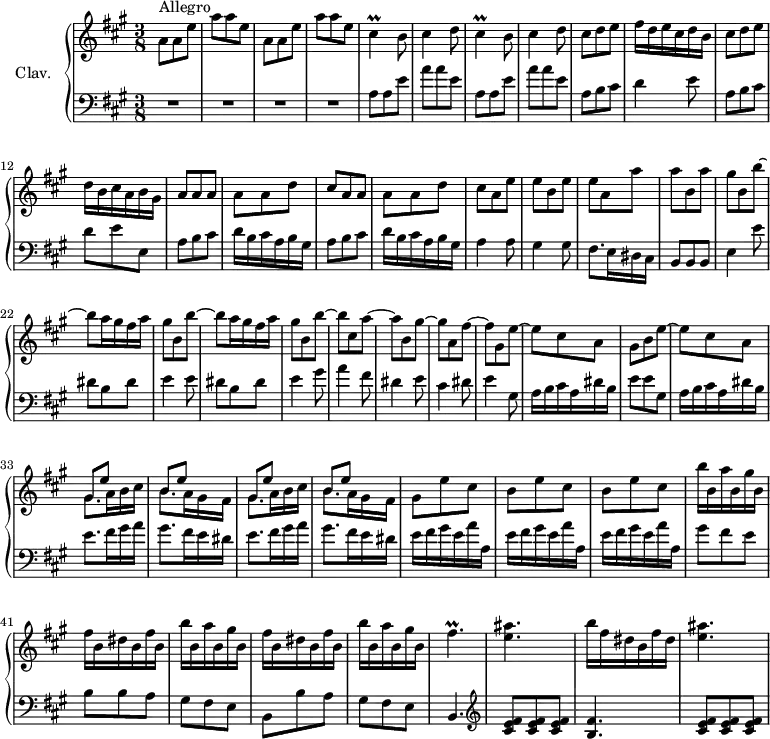 
\version "2.18.2"
\header {
  tagline = ##f
}
%% les petites notes
trillCis     = { \tag #'print { cis4\prall } \tag #'midi { d32 cis d cis~ cis8 } }
trillFisUp   = { \tag #'print { fis'4.\prall } \tag #'midi { gis32 fis gis fis~ fis4 } }
upper = \relative c'' {
  \clef treble
  \key a \major
  \time 3/8
  \tempo 4. = 80
  \set Staff.midiInstrument = #"harpsichord"
  \override TupletBracket.bracket-visibility = ##f
    s8*0^\markup{Allegro}
    \repeat unfold 2 { a8 a e' | a a e } | \repeat unfold 2 { \trillCis b8 | cis4 d8 } | cis d e |
     % ms. 10
     fis16 d e cis d b | cis8 d e | d16 b cis a b gis | a8 a a | a a d | cis a a | a a d | cis a e' |
     % ms. 18
     e8 b e | e a, a' | a b, a' | \repeat unfold 2 { gis b, b'~ | b a16 gis fis a } | gis8 b, b'~ | b cis, a'~ |
     % ms. 27
     a8 b, gis'~ | gis a, fis'~ | fis gis, e'~ | e cis a | gis b e~ | e cis a | \repeat unfold 2 { << { gis8 e' s8 | b e s8 } \\ { \mergeDifferentlyDottedOn gis,8. a16 b cis | b8. a16 gis fis } >> }
     % ms. 37
     gis8 e' cis | \repeat unfold 2 { b e cis } | \repeat unfold 2 { b'16 b, a' b, gis' b, | fis' b, dis b fis' b, } | b'16 b, a' b, gis' b, | \trillFisUp | < e ais >4. | b'16 fis dis b fis' dis | < e ais >4.
}
lower = \relative c' {
  \clef bass
  \key a \major
  \time 3/8
  \set Staff.midiInstrument = #"harpsichord"
    % **************************************
     R4.*4 \repeat unfold 2 { a8 a e' | a a e } | a,b cis |
     % ms. 10
     d4 e8 | a, b cis | d e e, | a b cis | d16 b cis a b gis | a8 b cis | d16 b cis a b gis | a4 a8 |
     % ms. 18
     gis4 gis8 | fis8. e16 dis cis | b8 b b | e4 \repeat unfold 2 { e'8 | dis8 b dis | e4 } gis8 | a4 fis8 |
     % ms. 27
     dis4 e8 | cis4 dis8 | e4 gis,8 | a16 b cis a dis b | e8 e gis, | a16 b cis a dis b | \repeat unfold 2 { e8. fis16 gis a | gis8. fis16 e dis } |
     % ms. 37
     \repeat unfold 3 { e16 fis gis e a a, } | gis'8 fis e | b b a |
     % ms. 42
     gis8 fis e | b b' a | gis fis e  | b4. |   \clef treble  < cis' e fis >8-\tweak stencil ##f \mp q q | < b fis' >4. | < cis e fis >8 q q |
}
thePianoStaff = \new PianoStaff <<
    \set PianoStaff.instrumentName = #"Clav."
    \new Staff = "upper" \upper
    \new Staff = "lower" \lower
  >>
\score {
  \keepWithTag #'print \thePianoStaff
  \layout {
      #(layout-set-staff-size 17)
    \context {
      \Score
     \override SpacingSpanner.common-shortest-duration = #(ly:make-moment 1/2)
      \remove "Metronome_mark_engraver"
    }
  }
}
\score {
  \keepWithTag #'midi \thePianoStaff
  \midi { }
}
