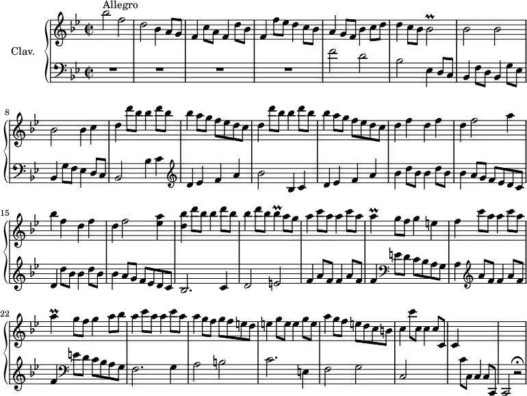 
\version "2.18.2"
\header {
  tagline = ##f
  % composer = "Domenico Scarlatti"
  % opus = "K. 360"
  % meter = "Allegro"
}
%% les petites notes
trillBesb     = { \tag #'print { bes2\prall } \tag #'midi { c32 bes c bes~ bes8~ bes4 } }
trillBes      = { \tag #'print { bes4\prall } \tag #'midi { c32 bes c bes~ bes8 } }
trillA        = { \tag #'print { a4\prall } \tag #'midi { bes32 a bes a~ a8 } }
upper = \relative c'' {
  \clef treble 
  \key bes \major
  \time 2/2
  \tempo 2 = 72
  \set Staff.midiInstrument = #"harpsichord"
  \override TupletBracket.bracket-visibility = ##f
      s8*0^\markup{Allegro}
      bes'2 f | d bes4 a8 g | f4 c'8 a f4 d'8 bes | f4 f'8 ees d4 c8 bes |
      % ms. 5
      a4 g8 f bes4 c8 d | d4 c8 bes \trillBesb | bes2 bes | bes bes4 c |
      % ms. 9
      \repeat unfold 2 { d4 \repeat unfold 2 { d'8 bes bes4 } a8 g f ees d c } |
      % ms. 13
      d4 f d f | d f2 a4 | bes f d f | d f2 < ees a >4
      % ms. 17
      < d bes' >4 \repeat unfold 2 { d'8 bes bes4 } d8 bes \trillBes a8 g | \repeat unfold 2 { a4 c8 a } \trillA g8 f g4 e |
      % ms. 21
      f4 c'8 a a4 c8 a | \trillA g8 f g4 a8 bes | \repeat unfold 2 { a4 c8 a } | a4 g8 f g f e d |
      % ms. 25
      \repeat unfold 2 { e4 g8 e } | a4 g8 f e d c b | c4 c'8 c, c4 c8 c, | c4 s2. | s1
}
lower = \relative c' {
  \clef bass
  \key bes \major
  \time 2/2
  \set Staff.midiInstrument = #"harpsichord"
  \override TupletBracket.bracket-visibility = ##f
    % ************************************** \appoggiatura a16  \repeat unfold 2 {  } \times 2/3 { }   \omit TupletNumber 
      R1*4 |
      % ms. 5
      f2 d | bes ees,4 d8 c | bes4 f'8 d bes4 g'8 ees | bes4 g'8 f ees4 d8 c |
      % ms. 9
      bes2  bes'4 c |   \clef treble  d ees f a | bes2 bes,4 c d ees f a |
      % ms. 13
      \repeat unfold 2 { bes4 d8 bes } | bes4 a8 g f ees d c | d4 \repeat unfold 2 { d'8 bes bes4 } a8 g f ees d c |
      % ms. 17
      bes2. c4 | d2 e | \repeat unfold 2 { f4 a8 f } f4  \clef bass e8 d c bes a g |
      % ms. 21
      a4  \clef treble  \repeat unfold 2 { a'8 f f4 }  \clef bass e8 d c bes a g | f2. g4 | a2 b |
      % ms. 25
      c2. e,4 | f2 g | c, s2 | s4 c'8 c, c4 c8 c, | c2 r2\fermata
}
thePianoStaff = \new PianoStaff <<
    \set PianoStaff.instrumentName = #"Clav."
    \new Staff = "upper" \upper
    \new Staff = "lower" \lower
  >>
\score {
  \keepWithTag #'print \thePianoStaff
  \layout {
      #(layout-set-staff-size 17)
    \context {
      \Score
     \override SpacingSpanner.common-shortest-duration = #(ly:make-moment 1/2)
      \remove "Metronome_mark_engraver"
    }
  }
}
\score {
  \keepWithTag #'midi \thePianoStaff
  \midi { }
}
