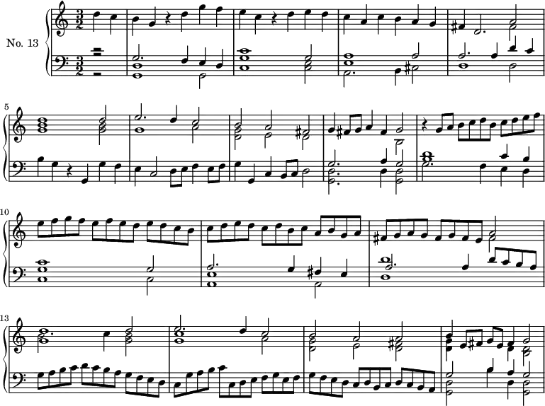 
\version "2.14.2"
\header {
  tagline = ##f
}
upper = \relative c'' {
  \clef treble 
  \key a \minor
  \time 3/2
  \autoBeamOff
  \tempo 2 = 110
  \set Staff.midiInstrument = #"harpsichord"
   \partial 2 d4 c b g r4 d' g f e c r4 d e d c a c b a g 
    << { fis4 d2. a'2 } \\ { s1 fis2 } >>
    << { d'1 d2 e2. d4 c2 b a fis g4 fis8 g a4 fis g2 } \\ { < b g >1 < b g >2 g1 a2 < g d >2 e2 d s1 b2 } >>
    % ms. 9
    r4 g'8[ a] b8[ c d b] c[ d e f] | e8[ f g f] e[ f e d] e[ d c b] | c8[ d e d] c8[ d b c] a8[ b g a]
    fis8[ g a g] fis[ g fis e] 
    << { a2 } \\ { fis2 } >>
    % ms. 13
    << { < d' g, >1 d2 e2. d4 c2 } \\ { b2. c4 < b g >2 < c g >1 a2 } >>
    << { b2 a a b4 e,8 fis g e fis4 g2 } \\ { < g d >2 e2 < fis d >2 < g d >4 s2 d4 < d b >2 } >>
}
lower = \relative c {
  \clef bass
  \key a \minor
  \time 3/2
  \set Staff.midiInstrument = #"harpsichord"
    << { r2 g'2. f4 e d | c'1 g2 | < a e >1 a2 | a2. a4 d c } \\ { r2 < d, g, >1 g,2 < g' c, >1 < e c >2 a,2. b4 cis2 d1 d2 } \\ { r2 } >>
    % ms. 5
    b'4 g r4 g, g' f e c2 d8 e f4 e8 f g4 g, c b8 c d2
    << { g2. a4 g2 } \\ { < d g, >2. d4 < d g, >2 } >>
    << { < d' b >1 c4 b < c g >1 g2 } \\ { g2. f4 e d c1 c2 } >>
    % ms. 11
    << { a'2. g4 fis e d'1 } \\ { < e, a, >1 a,2 d1 } \\ { s1 s2 a'2. a4 d8 c b a } >>
    g8 a b c d c b a g f e d c g' a b c c, d e f g e f g f e d c d b c d c b a 
    << { g'2 b4 a g2 } \\ { < d g, >2 b'4 d, < d g, >2 } >>
}
\score {
  \new PianoStaff <<
    \set PianoStaff.instrumentName = #"No. 13"
    \new Staff = "upper" \upper
    \new Staff = "lower" \lower
  >>
  \layout {
    \context {
      \Score
      \remove "Metronome_mark_engraver"
    }
  }
  \midi { }
}
