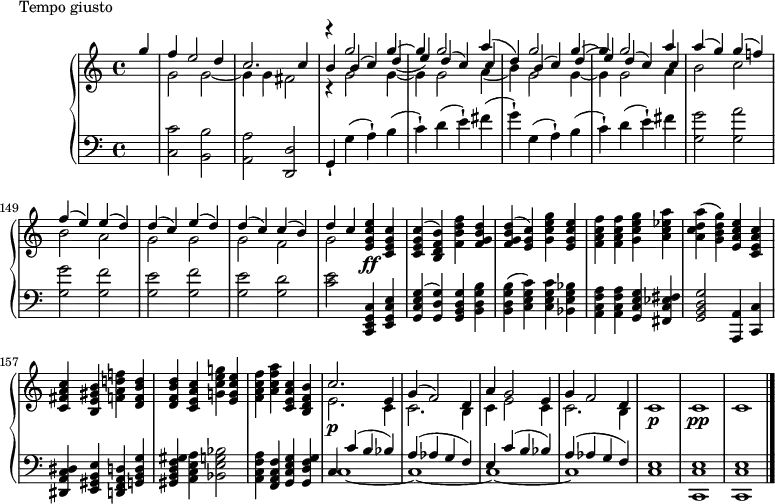 
\version "2.18.2"
\header {
  tagline = ##f
}
upper = \relative c'' {
  \clef treble 
  \key c \major
  \time 4/4
  \tempo 2 = 100
  \set Score.currentBarNumber = #142
   %%Montgeroult — Étude 68 (pdf p. 222, extr. 224)
   \partial 4 
   << { g'4 f e2 d4 c2. c4 } \\ { s4 g2 g~ g4 g fis2  } >>
   << { r4 g'2 g4~ g g2 a4( d,) g2 g4~ g g2 a4 } \\ { r4 g,2 g4~ g g2 a4( b) g2 g4~ g g2 a4 } \\ { b4 b( c) d_( e) d( c) c4 s4 b4( c) d( e) d( c) c } >>
   << { a'4( g) g( f!) f( e) e( d) d( c) e( d) d( c) c( b) } \\ { b2 c b a g g g f } >>  % phrase sur deux portées 
   << { d'4 c } \\ { g2 } >>
   < e' c g e >4\ff < c g e c > | q^( < b f d b >) < f' d b f > < d b g f > | q^( < c g e >) < g' e c g > < e c g e > < f c a f > q < g e c g > < a ees c a > | 
   < a d, c a >( < g d b g >) < e c a e > < c a e c > | < c a fis c > < b gis e b > < f'! d! a f! > < d b f d > q < c a e c > < g'! e c g! > < e c g e > < f c a f > < a f c a > < c, a e c > < b f d b >
   << { c2. e,4 g( f2) d4 a' g2 e4 g f2 d4 } \\ { e2.\p c4 c2. b4 c e2 c4 c2. b4 } >>
   c1\p c \pp c \bar "|."
}
lower = \relative c {
  \clef bass
  \key c \major
  \time 4/4
   s4 < c' c, >2 < b b, > < a a, > < d, d, > g,4-! g'( a-!) b( c-!) d( e-!) fis( g-!) 
   g,4( a-!) b( c-!) d( e-!) fis
   < g g, >2 < a g, > < g g, > < f g, > < e g, > < f g, > < e g, > < d g, > % phrase a traiter
   < e c >2 < c, g e c >4 < e, g c e > | < g c e g >^( < g' d g, >) < g d b g > < b g d b >
   q^( < c g e c >) q < bes g e bes > < a f c a > q < g e c g > < fis ees c fis, > | 
   < g d b g >2 < a, a, >4 < c c, > | < dis c a dis, > < e b gis e > < d a f d > < g d b g >
   < gis f d b gis >4 < a e c a > < bes g e bes >2 | < a f c a >4 < f c a f > < g e c g > < g f d g, >
   << { c,4 c'( b bes) a( aes g f) e \tempo 2 = 92 c'( b bes) a( aes g f) e1 e e } \\ { c1~ c~ c~ c c < c c, >1 q } >>
}
  \header {
    piece = "Tempo giusto"
  }
\score {
  \new PianoStaff <<
    \new Staff = "upper" \upper
    \new Staff = "lower" \lower
  >>
  \layout {
    \override TupletBracket.bracket-visibility = ##f
    \context {
      \Score
      \remove "Metronome_mark_engraver"
    }
  }
  \midi { }
}
