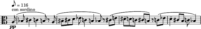 
\version "2.14.2"
\header {
  tagline = ##f
}
\score {
  \new Staff \with {
    \remove "Time_signature_engraver"
  }
  \relative c' {
  \clef alto
  \key a \minor
  \time 8/8
  \tempo 8 = 116
  % \override Rest #'style = #'classical
  % \set Staff.midiInstrument = #""
    % Le sujet de la Musique pour cordes, percussion et célesta 
    \partial 8 a8(^\markup{con sordino}\pp bes cis4 c! b!8) r8 a8( | \time 12/8 bis8--[ cis d] ees c!4 b! bes8) r8 cis( e! \time 8/8 dis8--[ d! c!] cis b!)
    r8 c!8( ees | \time 7/8 d4-- cis8[ b] c! bes4) % les changements de mesure ne s'impriment pas ?!
  }
  \layout {
    \context {
      \Score
      % \remove "Metronome_mark_engraver"
    }
  }
  \midi {}
}
