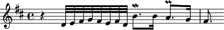 
\version "2.18.2"
\header {
  tagline = ##f
}
\score {
  \new Staff \with {
  }
<<
  \relative c' {
    \key d \major
    \time 4/4
     %% SUJET fugue CBT I-5, BWV 850, ré majeur
     r4 d32 e fis g fis e fis d b'8.\mordent b16 a8.\prall g16 fis8.
  }
>>
  \layout {
     \context { \Score \remove "Metronome_mark_engraver" }
  }
  \midi {} 
}
